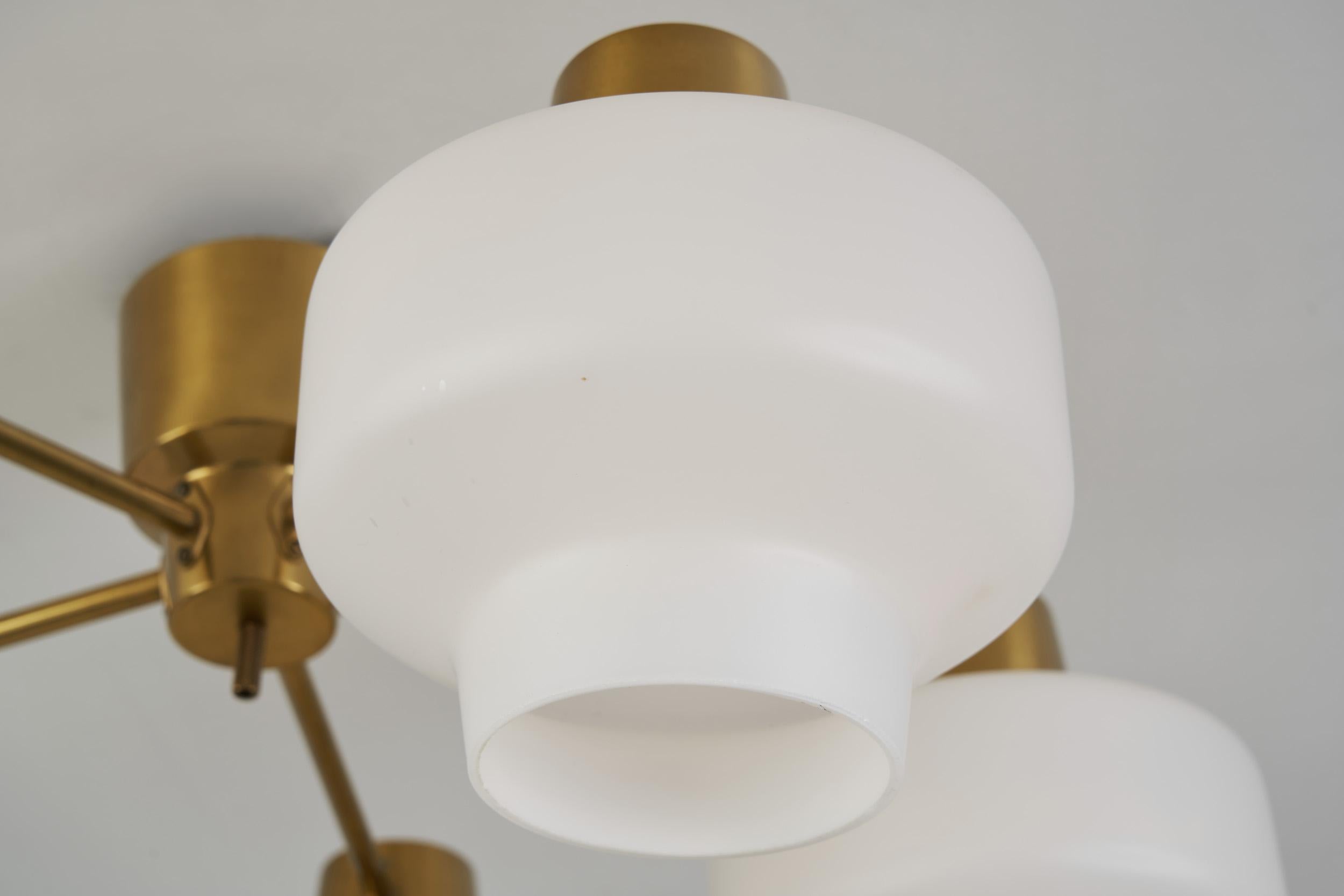 Asea-Elektroskandia Five Arm Brass and Glass Ceiling Light, Sweden ca 1950s For Sale 11