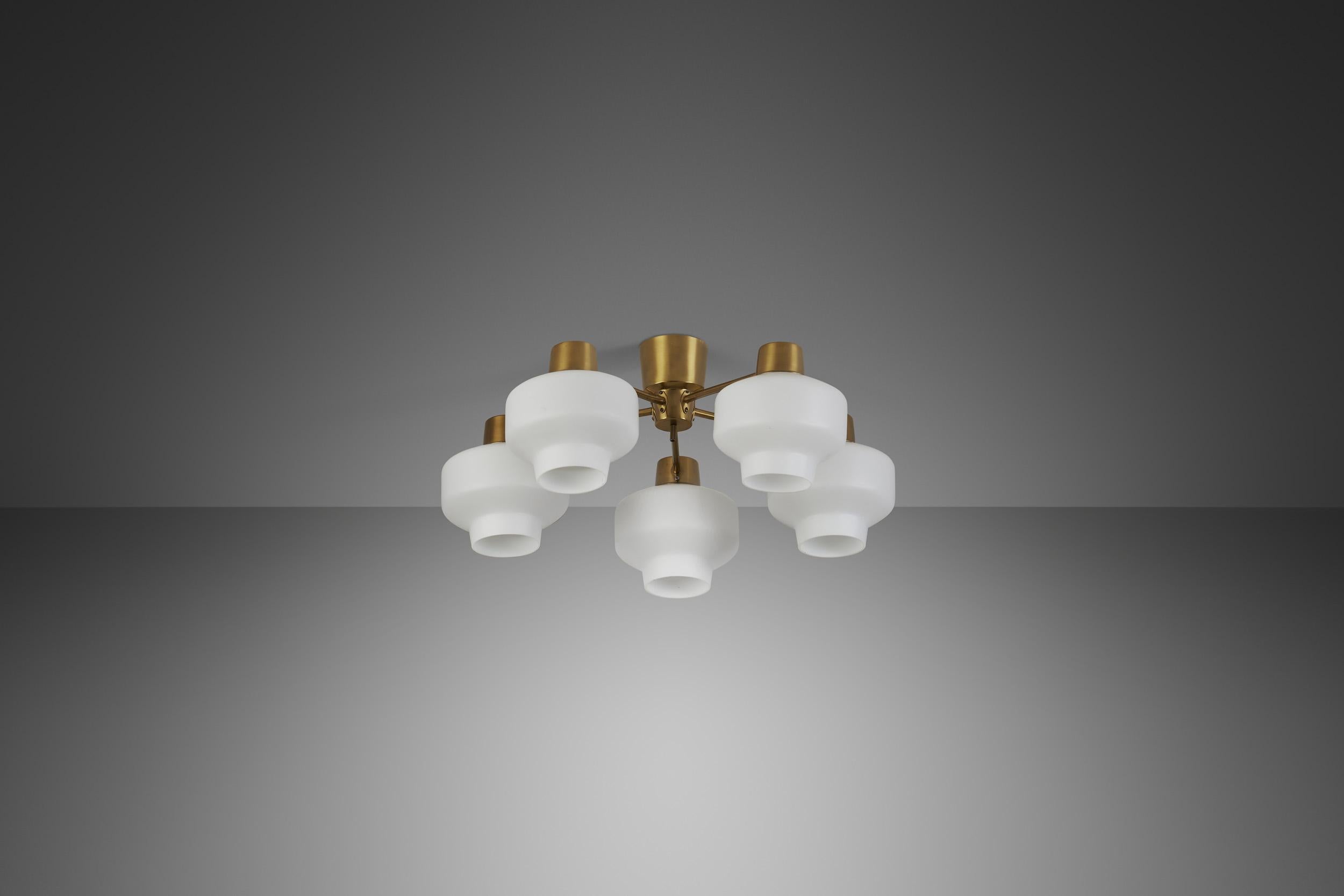 Mid-Century Modern Asea-Elektroskandia Five Arm Brass and Glass Ceiling Light, Sweden ca 1950s For Sale