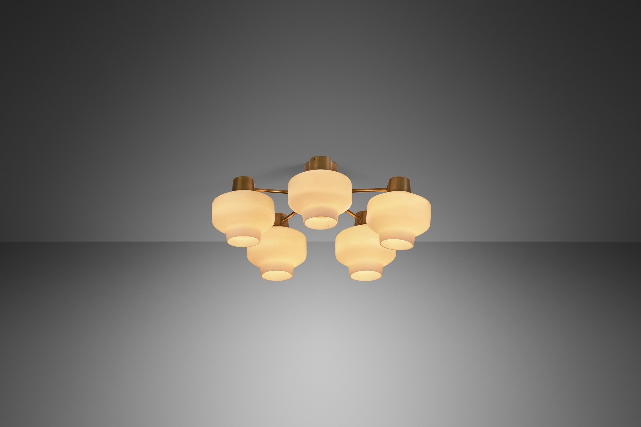 Swedish Asea-Elektroskandia Five Arm Brass and Glass Ceiling Light, Sweden ca 1950s For Sale