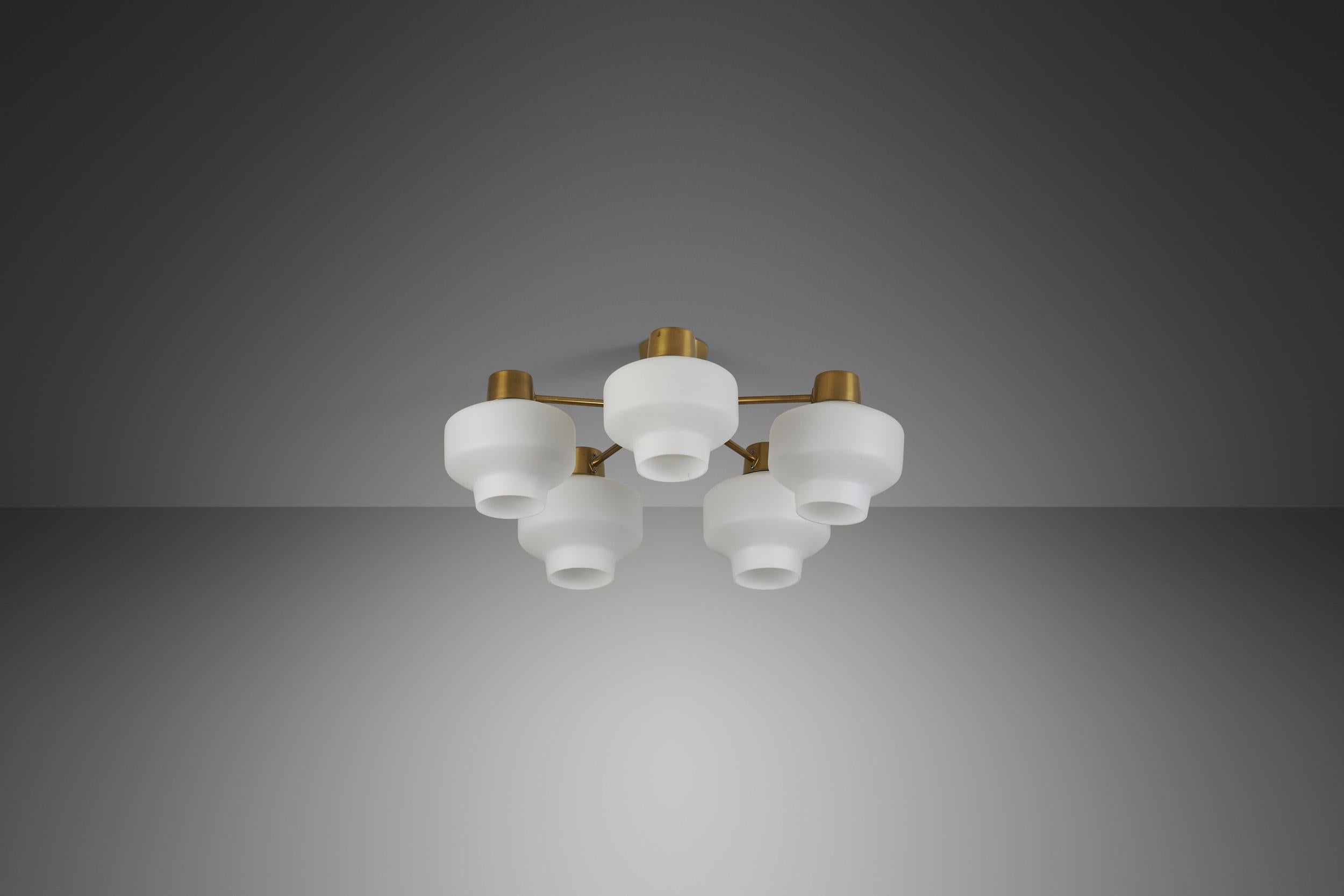 Asea-Elektroskandia Five Arm Brass and Glass Ceiling Light, Sweden ca 1950s In Good Condition For Sale In Utrecht, NL