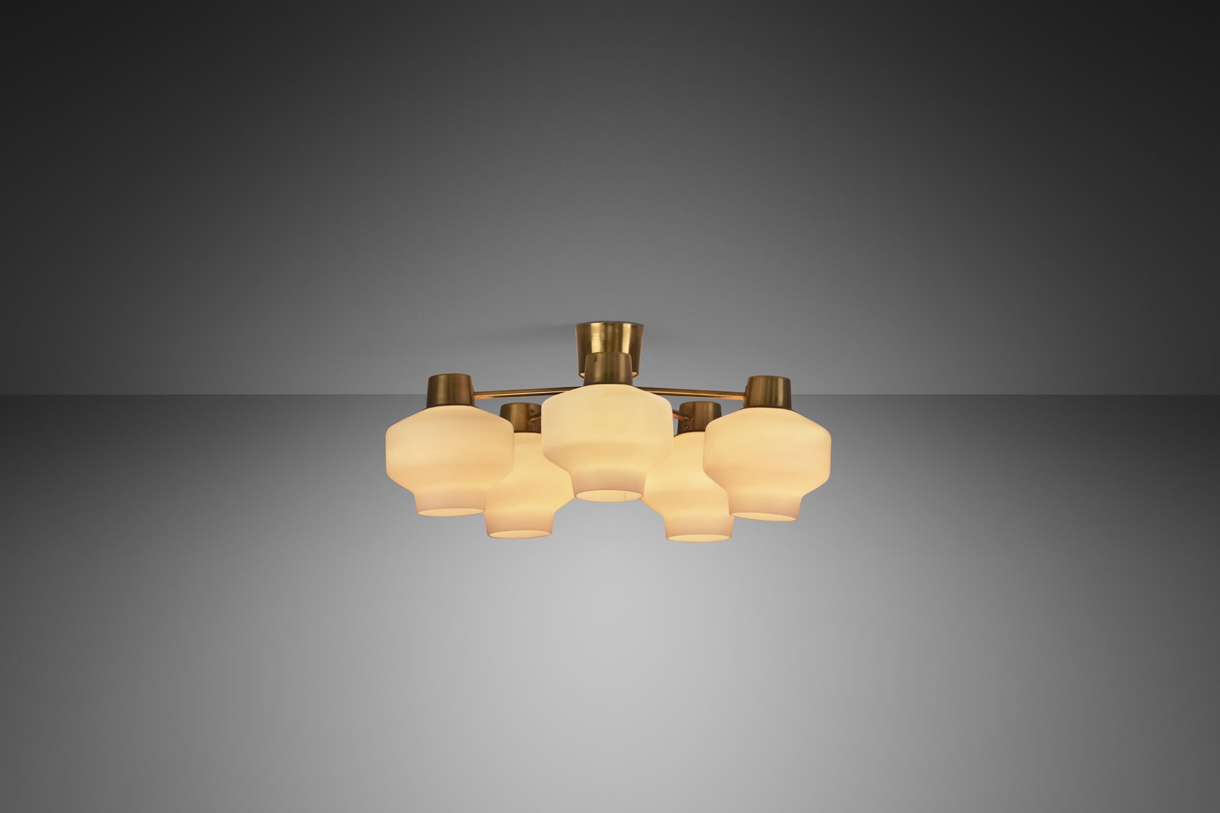 Mid-20th Century Asea-Elektroskandia Five Arm Brass and Glass Ceiling Light, Sweden ca 1950s For Sale