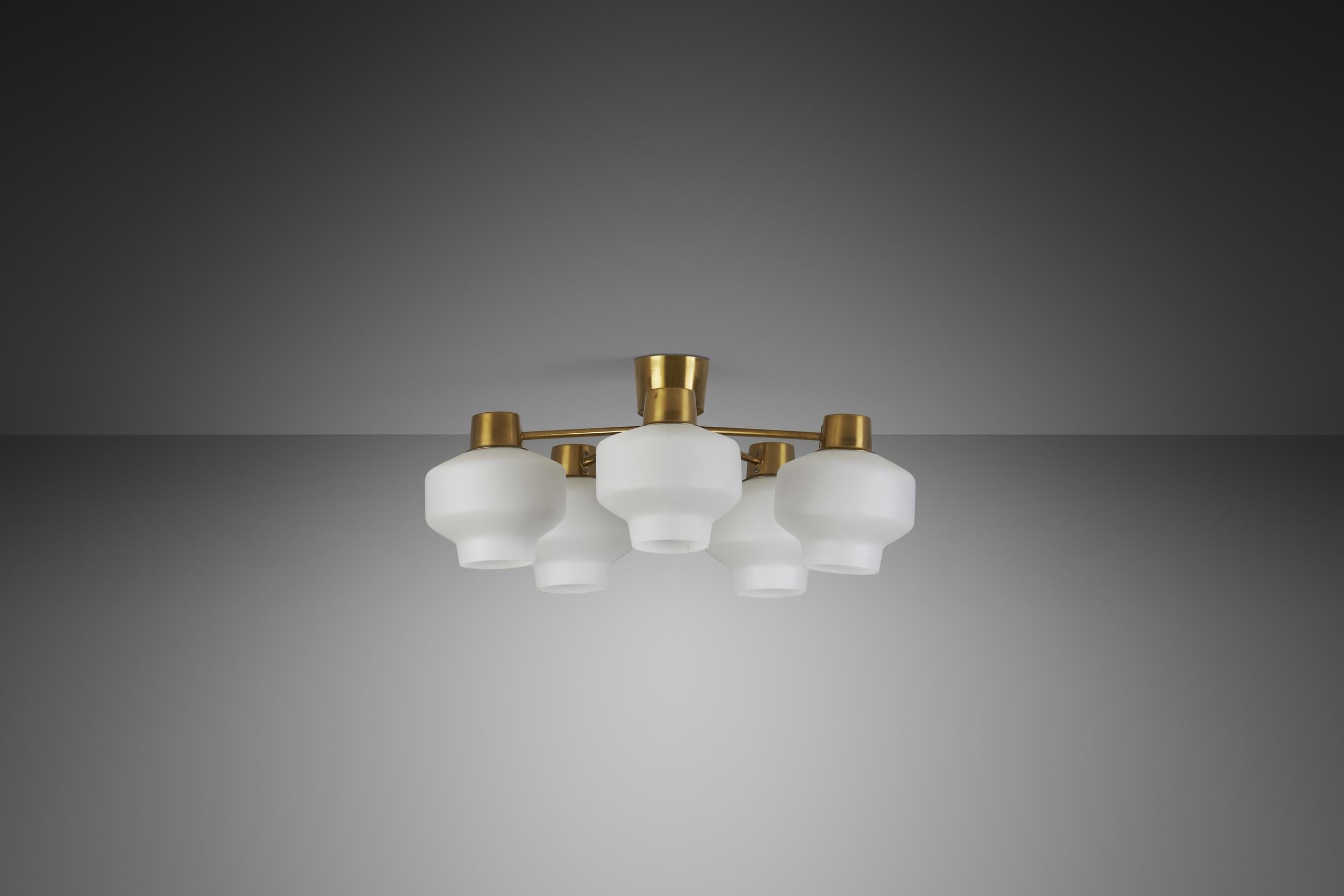 Asea-Elektroskandia Five Arm Brass and Glass Ceiling Light, Sweden ca 1950s For Sale 1