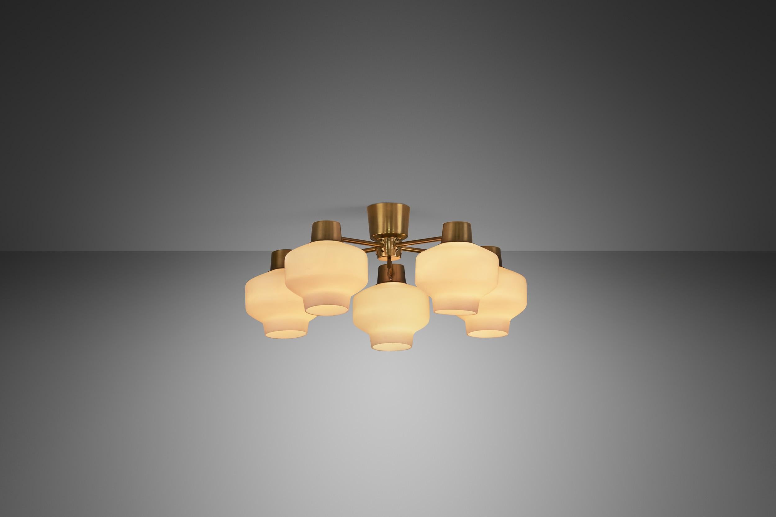 Asea-Elektroskandia Five Arm Brass and Glass Ceiling Light, Sweden ca 1950s For Sale 2