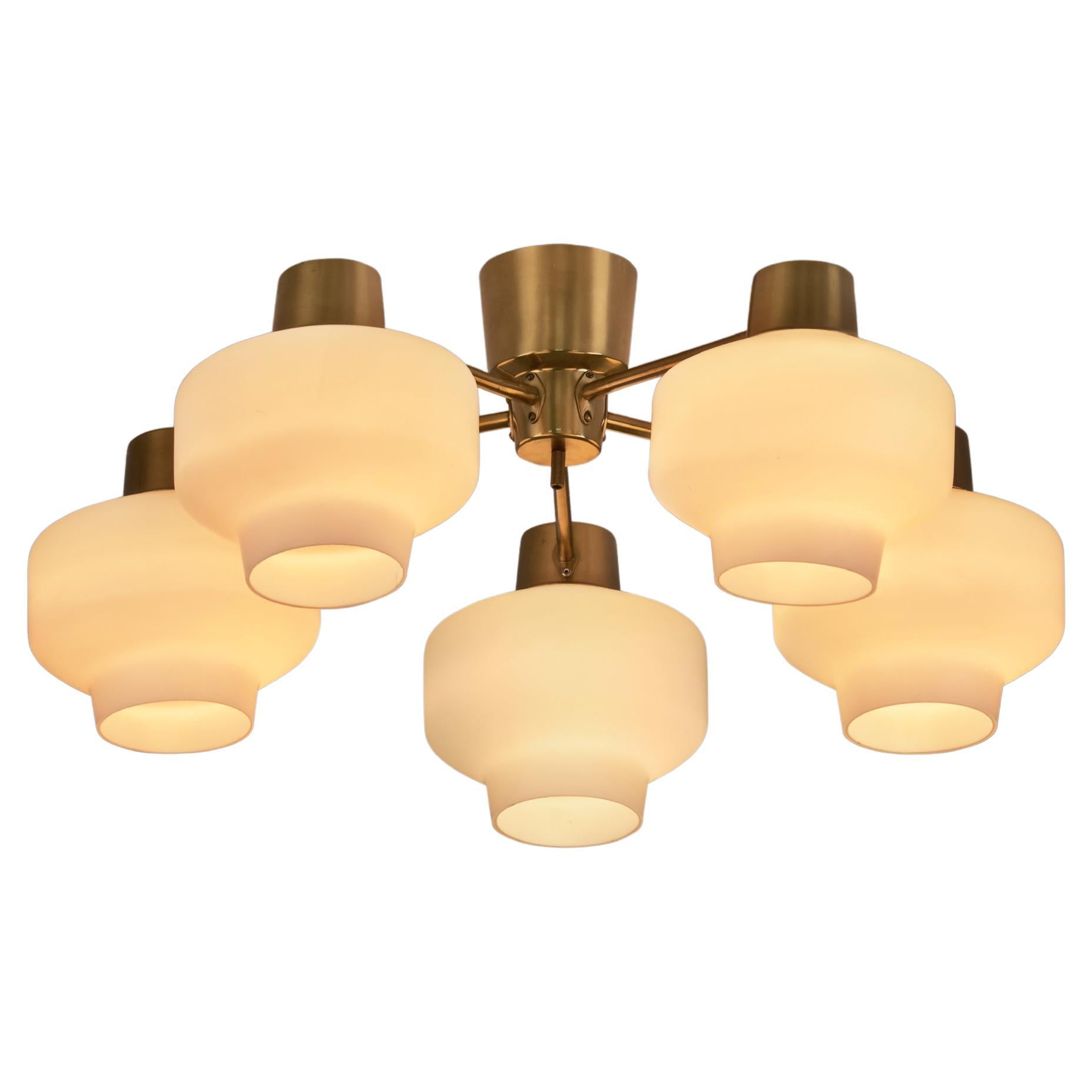 Asea-Elektroskandia Five Arm Brass and Glass Ceiling Light, Sweden ca 1950s For Sale