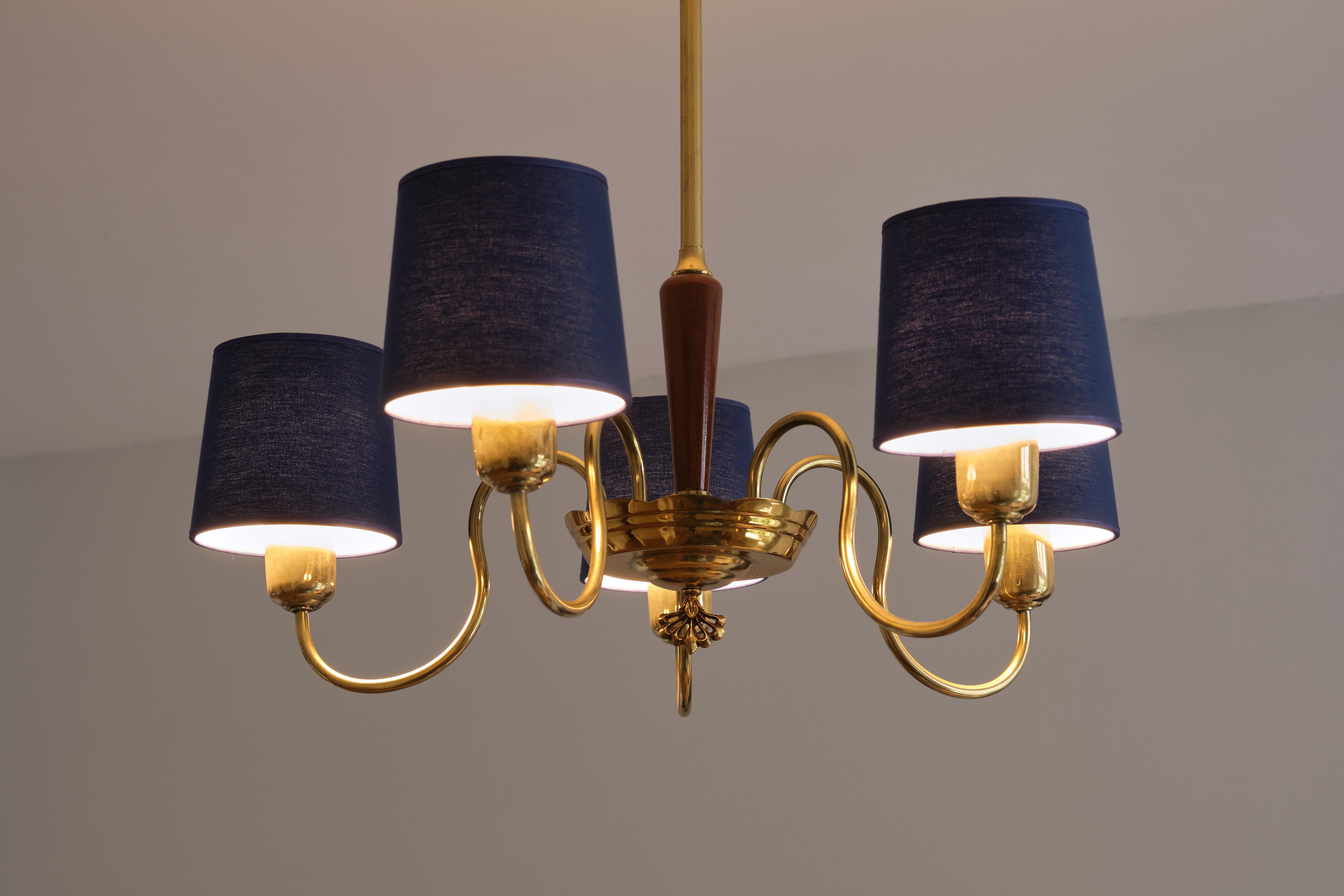 Swedish ASEA Five Arm Chandelier in Brass with Blue Shades, Sweden, 1940s