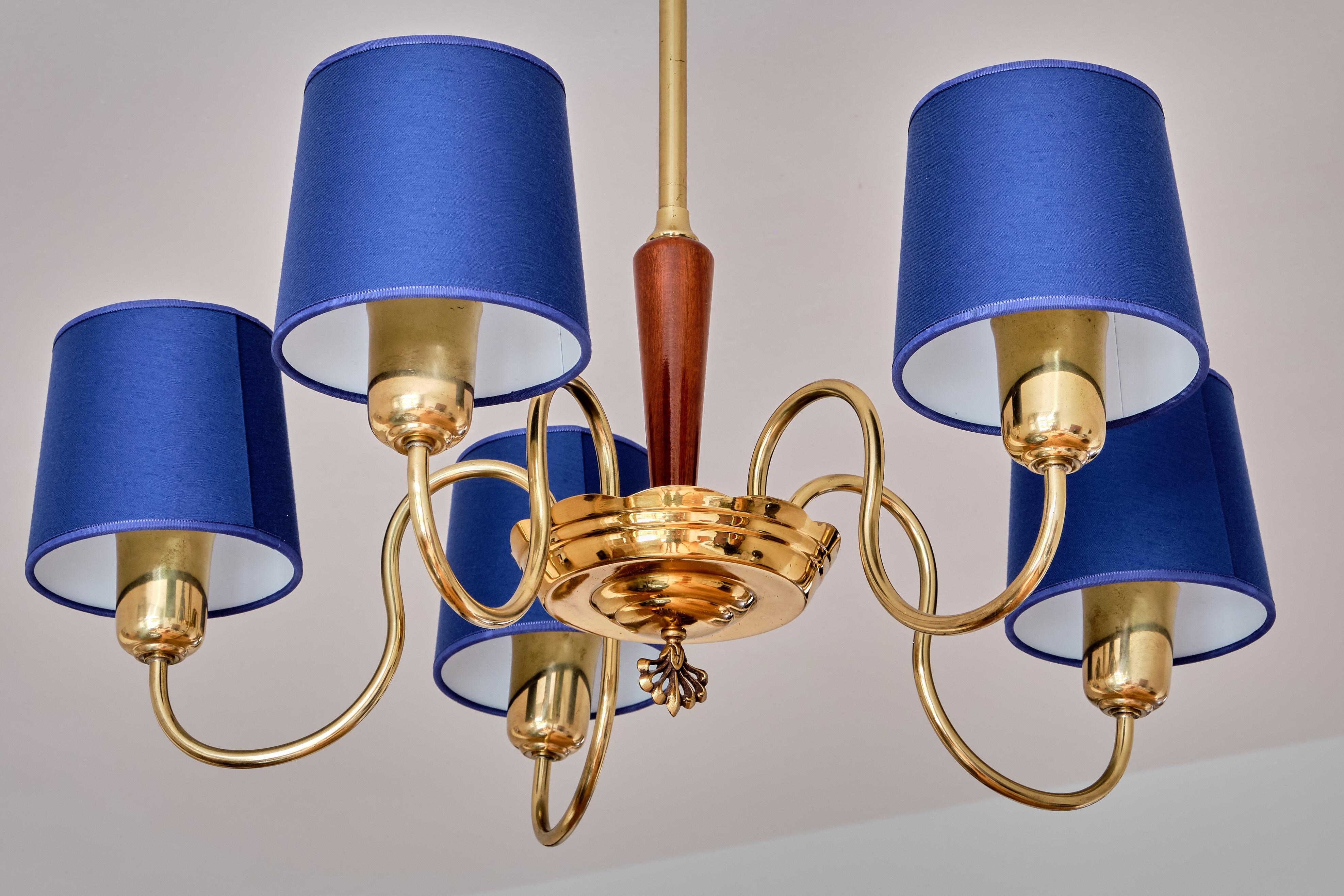 Mid-20th Century ASEA Five Arm Chandelier in Brass with Blue Shades, Sweden, 1940s