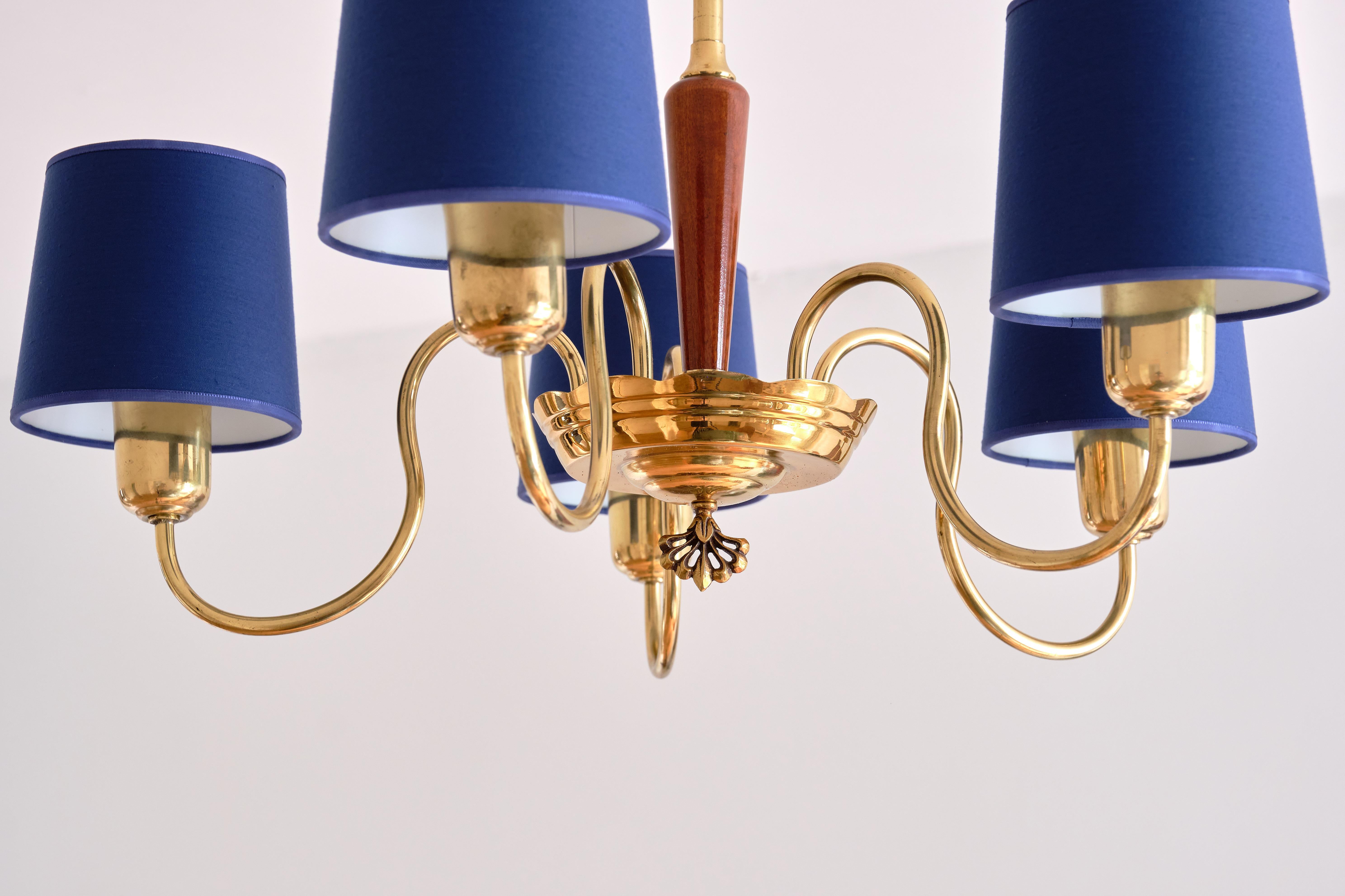 ASEA Five Arm Chandelier in Brass with Blue Shades, Sweden, 1940s 1