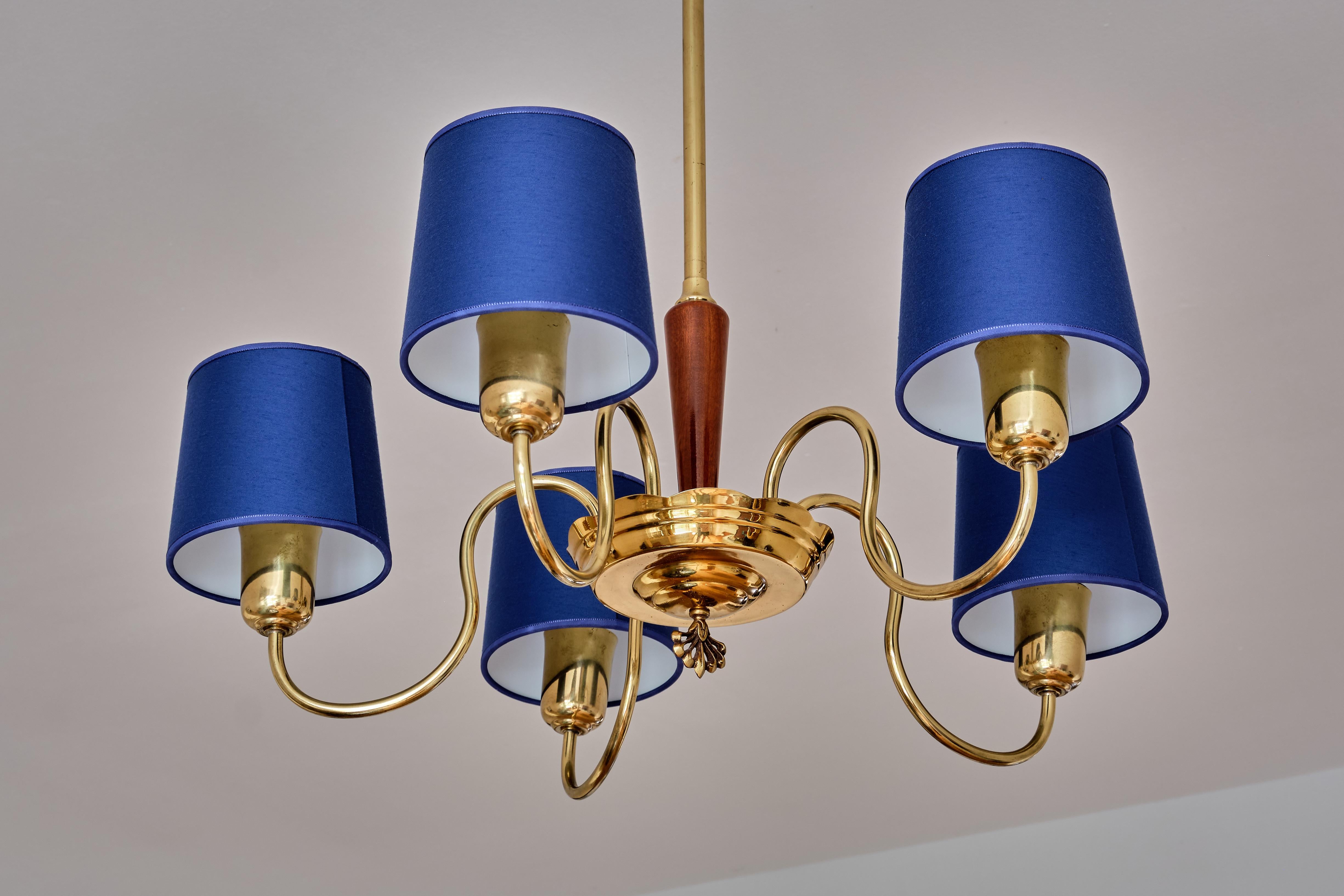 ASEA Five Arm Chandelier in Brass with Blue Shades, Sweden, 1940s 2