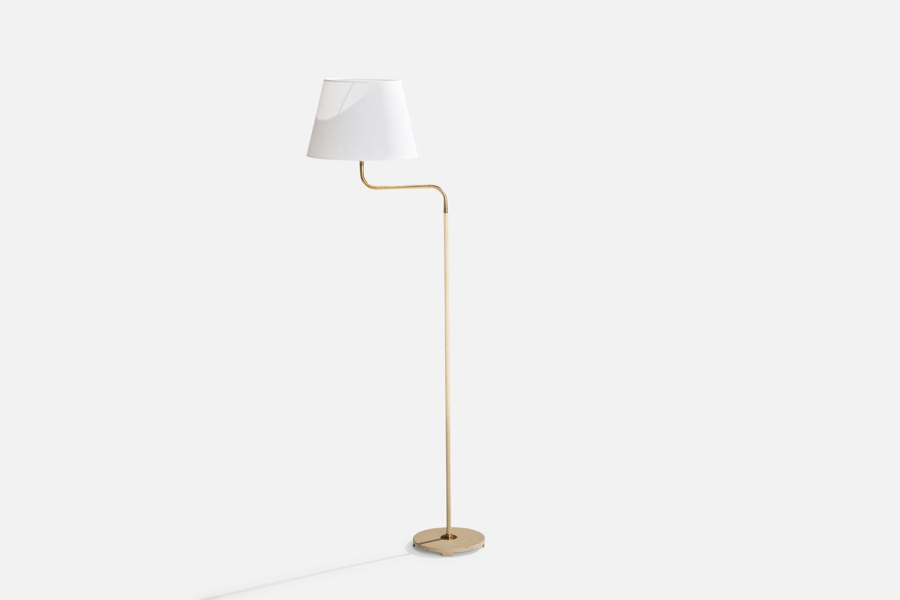 An adjustable brass and grey beige-lacquered metal floor lamp designed and produced by ASEA, Sweden, c. 1940s.

Overall Dimensions (inches): 60” H x13.5” W x 23.75” D
Stated dimensions include shade.
Bulb Specifications: E-26 Bulb
Number of Sockets: