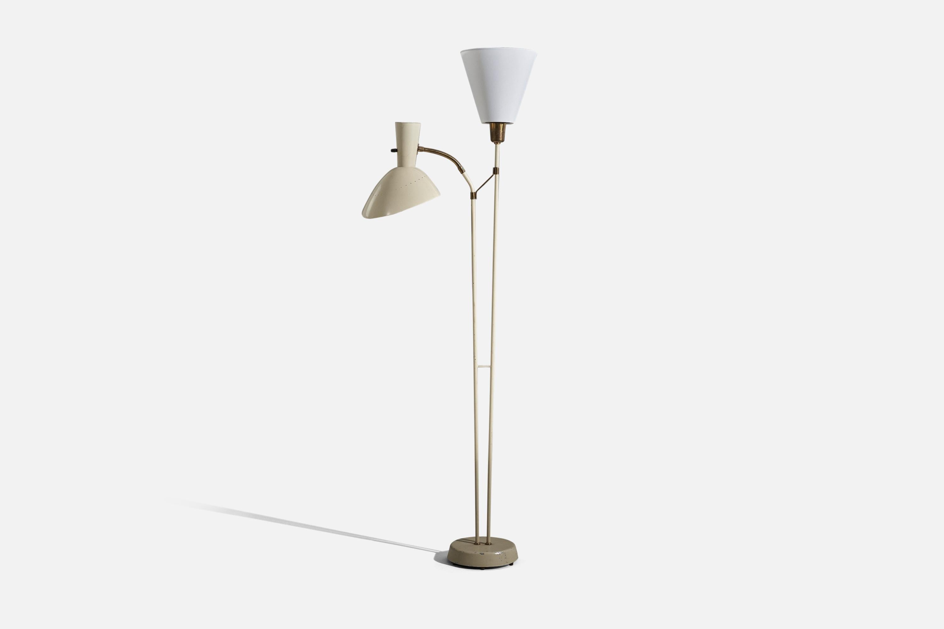 A brass, metal and fabric floor lamp, designed and produced by ASEA, 1950s. 

Variable dimensions, measured as illustrated in the first image.