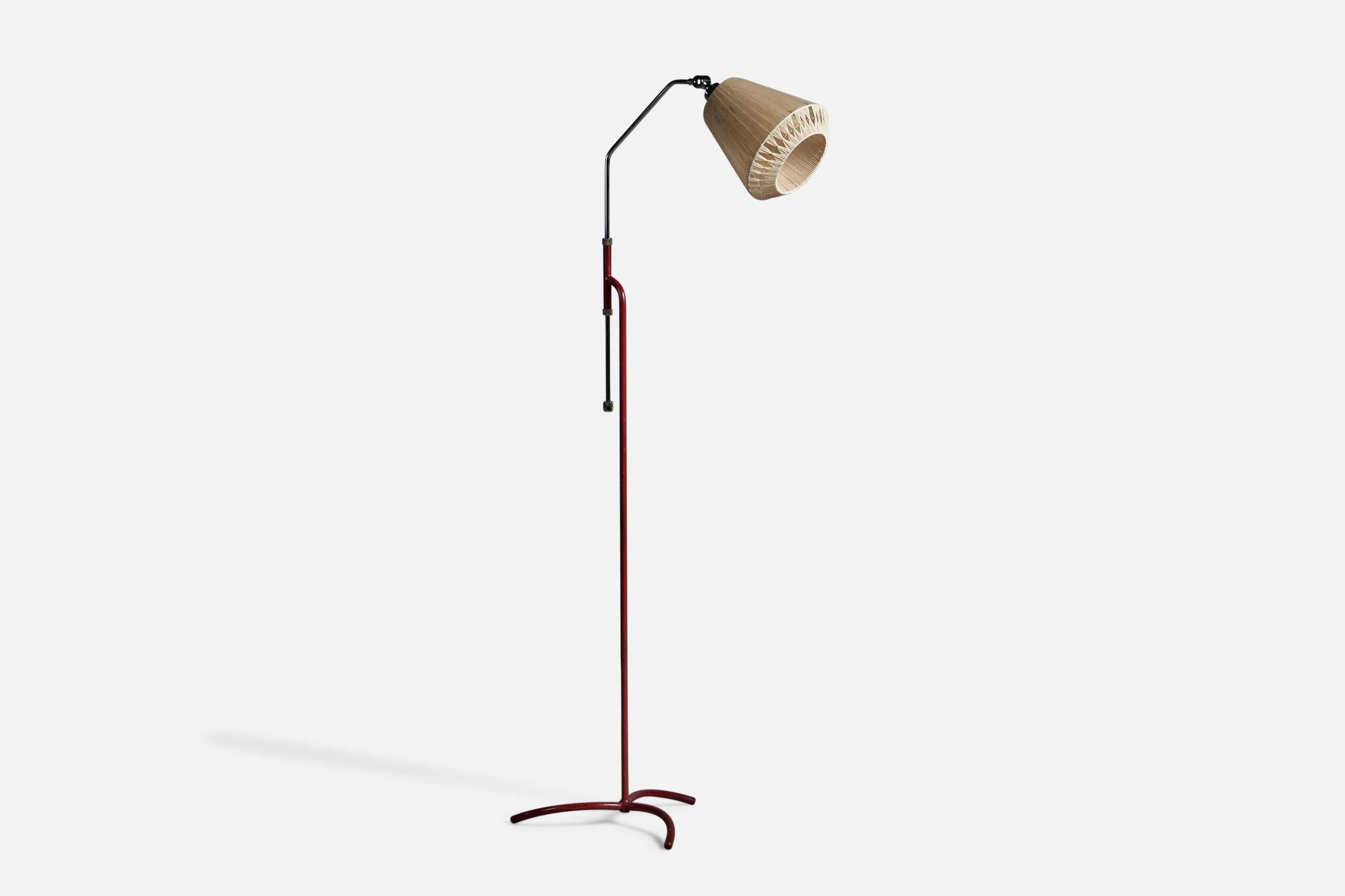 An adjustable red-lacquered metal, chrome metal, and string fabric floor lamp, designed and produced by ASEA, Sweden, 1940s.

Overall Dimensions (inches): 55.5