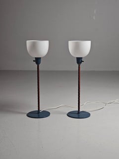 ASEA leather, glass and steel table lamps, unknown designer, Sweden, 1950s