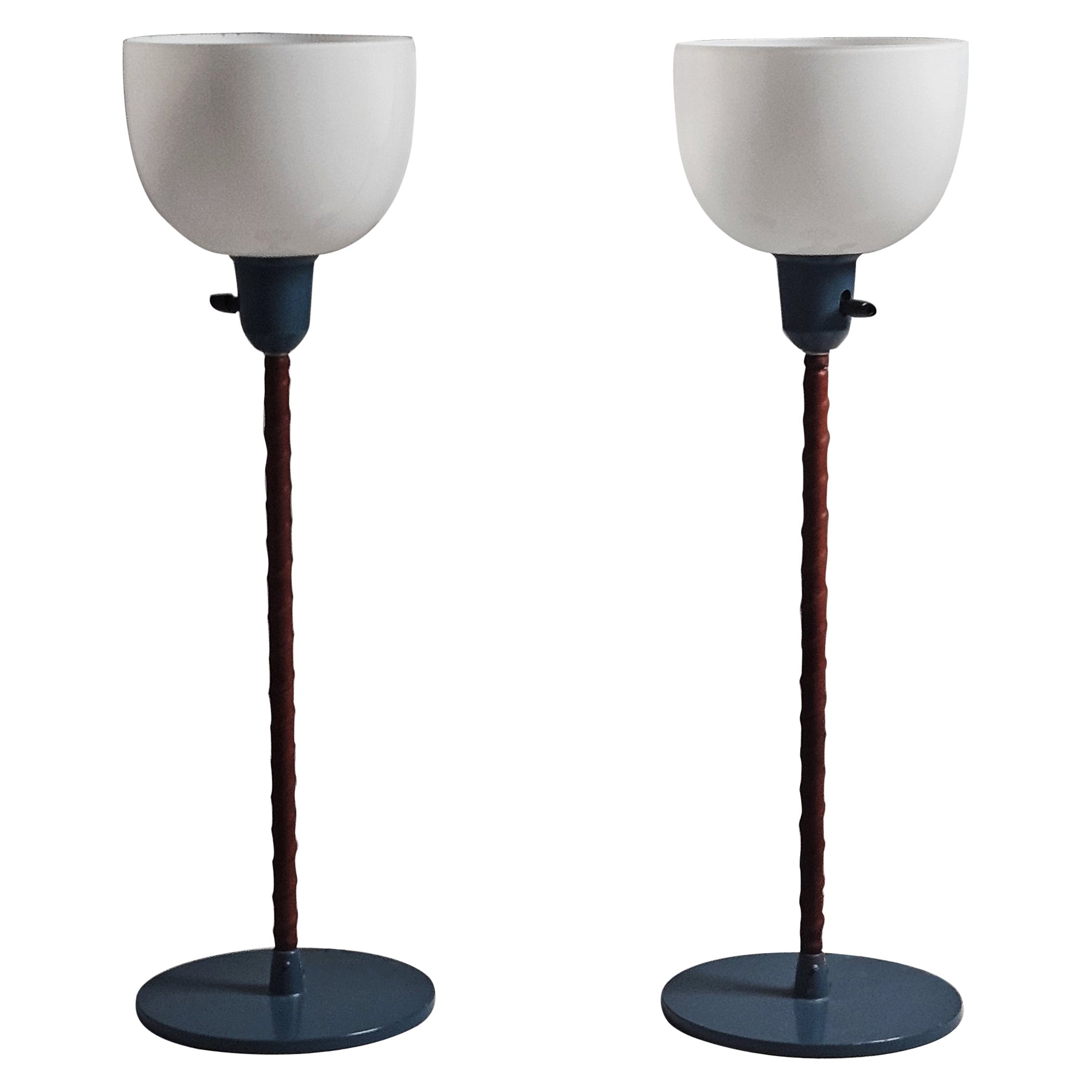 Lampade da tavolo ASEA in pelle, vetro e acciaio, designer sconosciuto, Svezia, anni '50