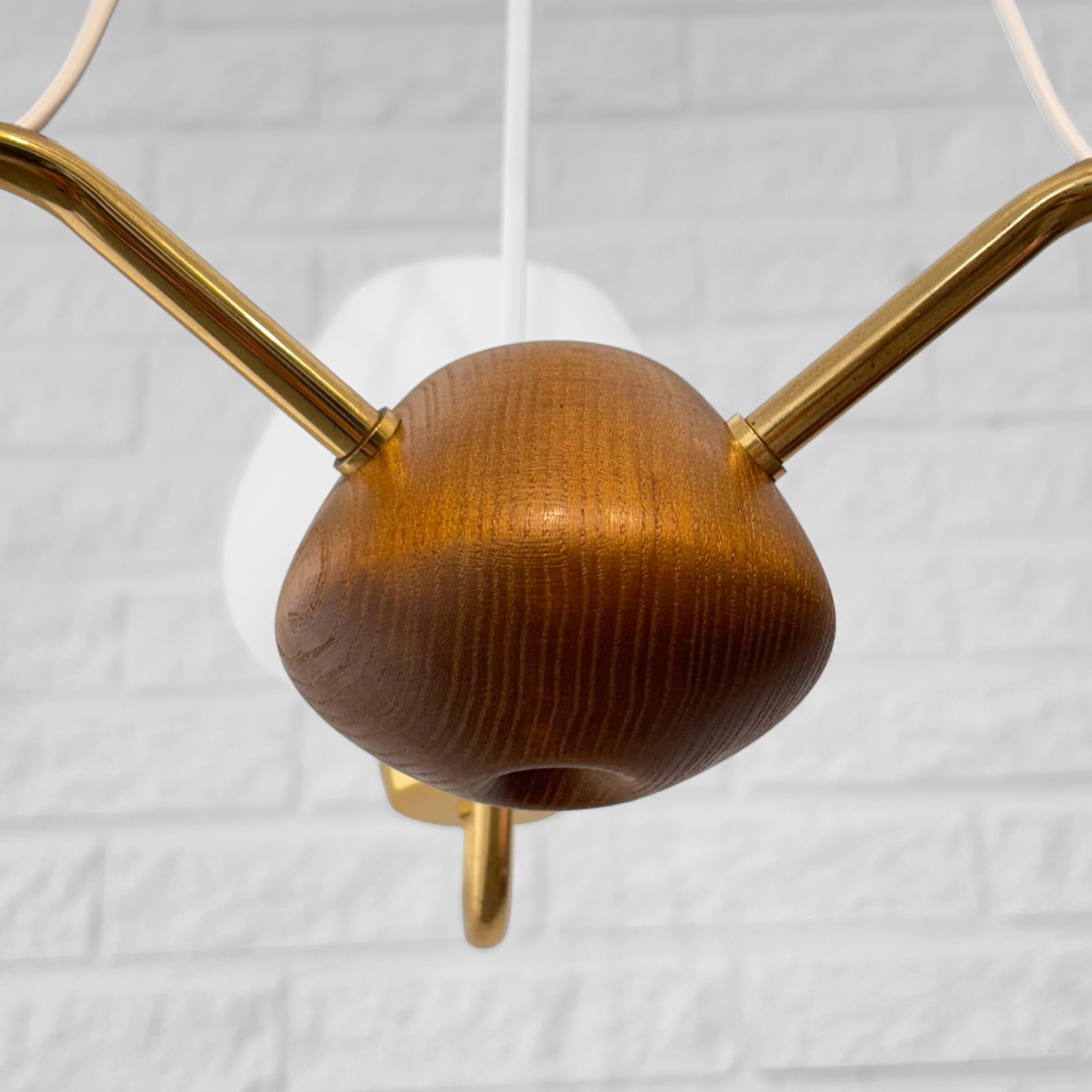 ASEA mid century chandelier, brass oak & opal glass, Sweden, 1950s 4