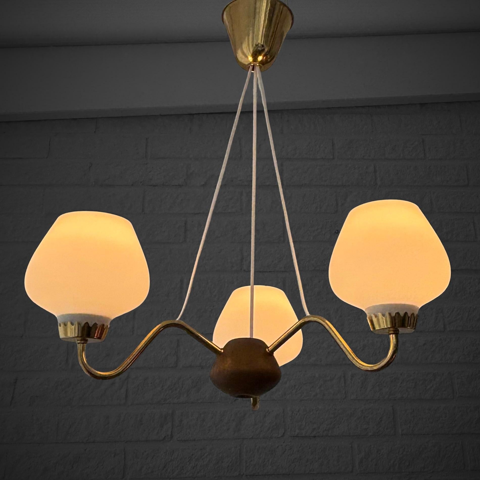Scandinavian Modern ASEA mid century chandelier, brass oak & opal glass, Sweden, 1950s