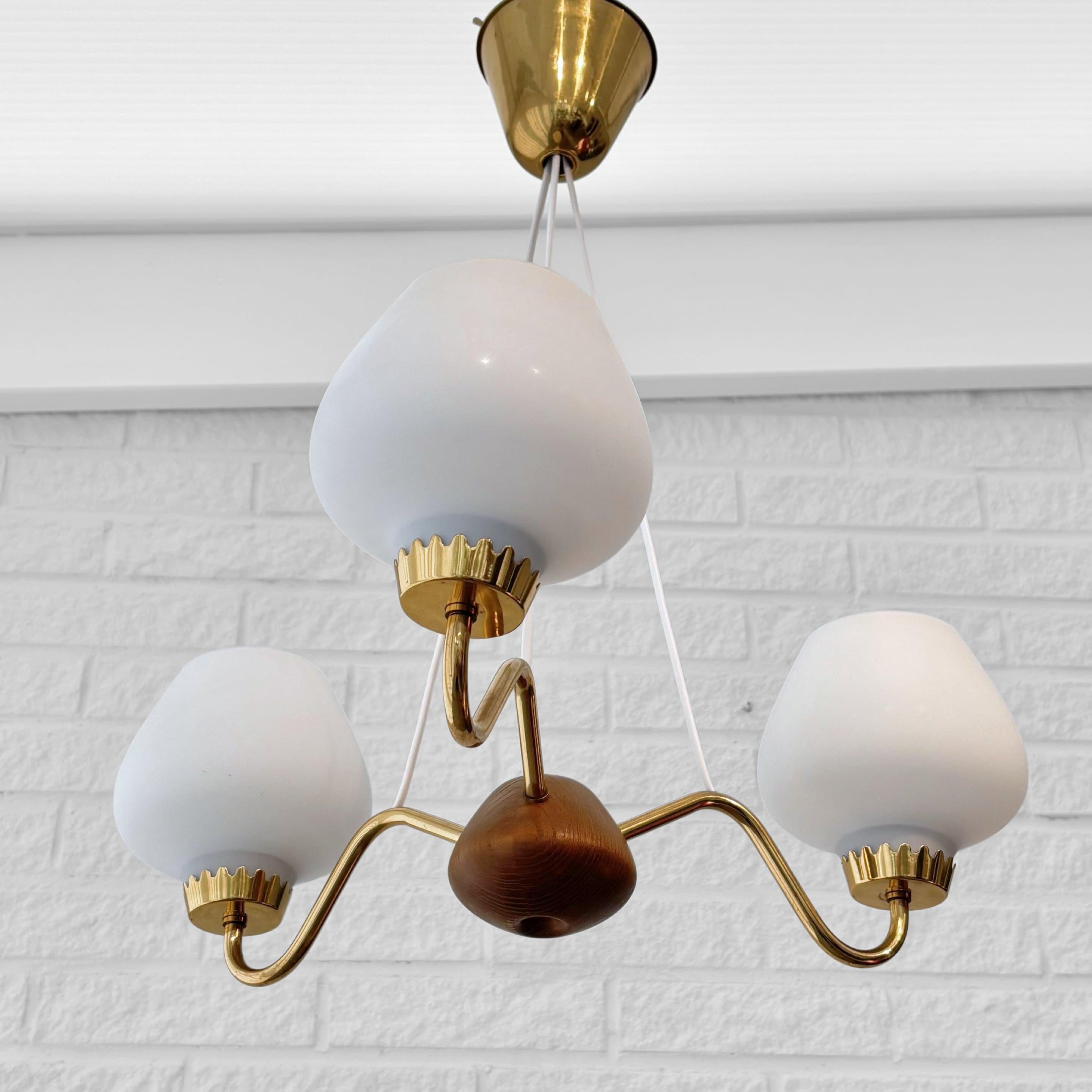 Swedish ASEA mid century chandelier, brass oak & opal glass, Sweden, 1950s