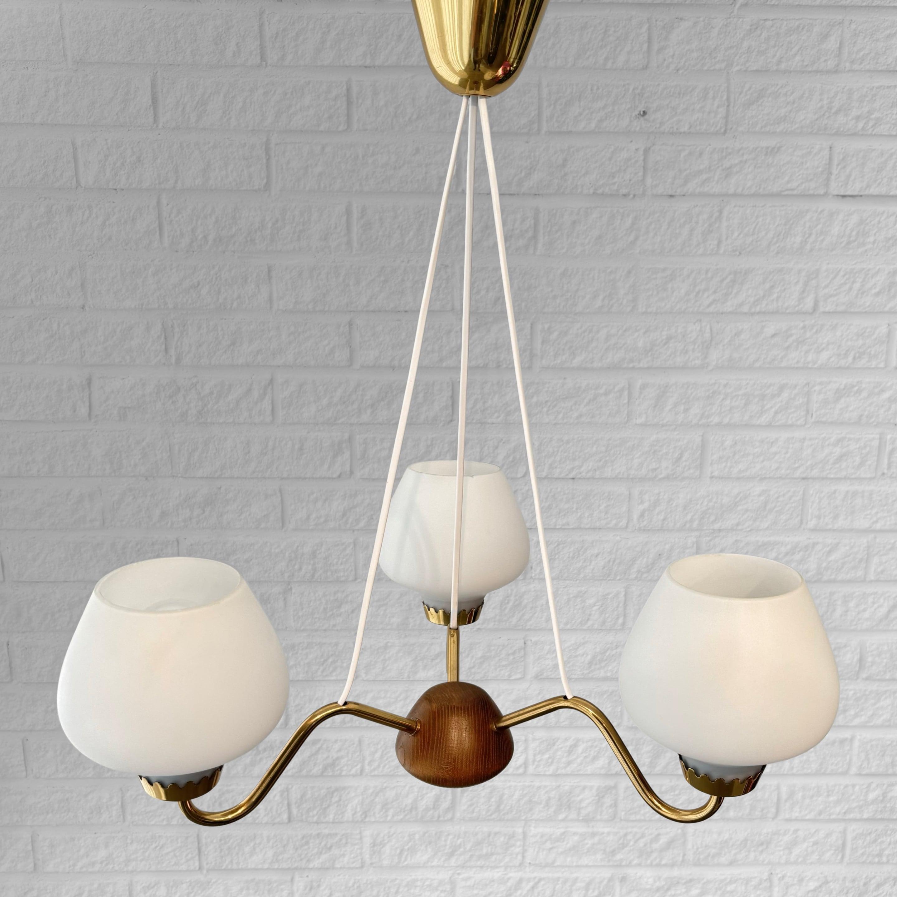 Brass ASEA mid century chandelier, brass oak & opal glass, Sweden, 1950s