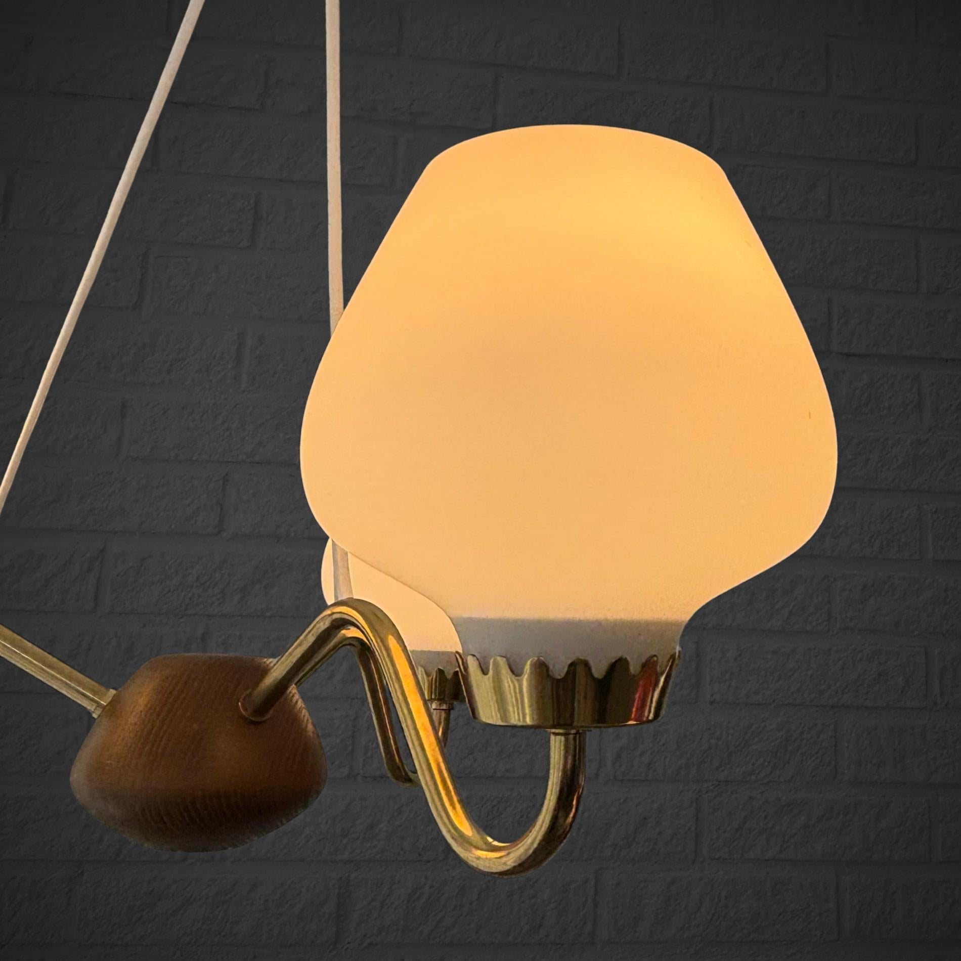 ASEA mid century chandelier, brass oak & opal glass, Sweden, 1950s 1