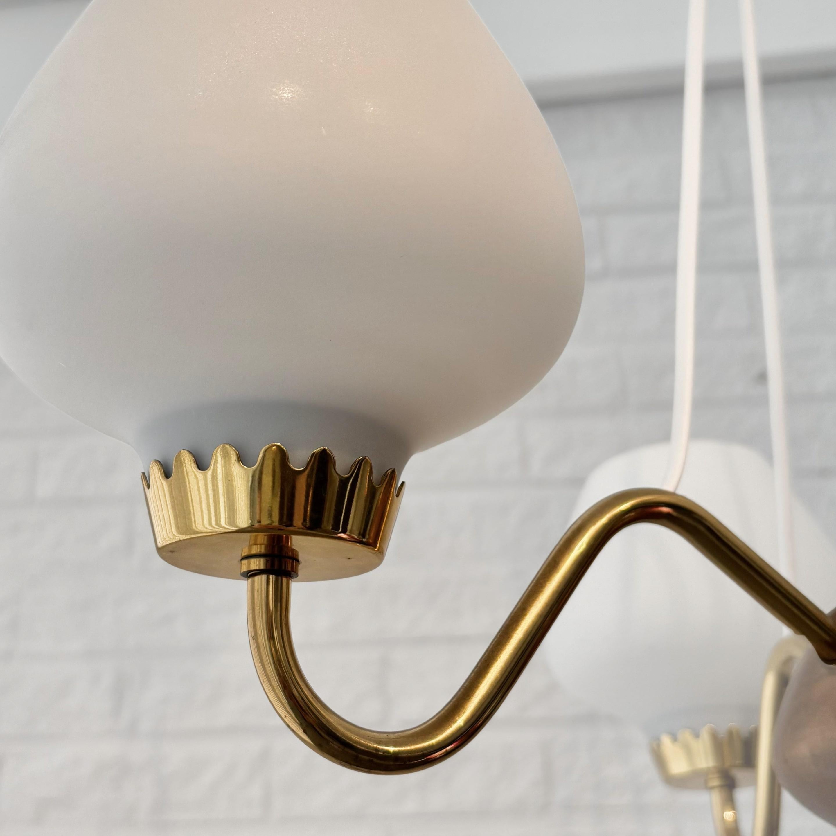 ASEA mid century chandelier, brass oak & opal glass, Sweden, 1950s 3