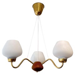 ASEA mid century chandelier, brass oak & opal glass, Sweden, 1950s