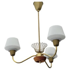 ASEA mid century chandelier pendant lamp, brass, oak & glass, Sweden, 1950s