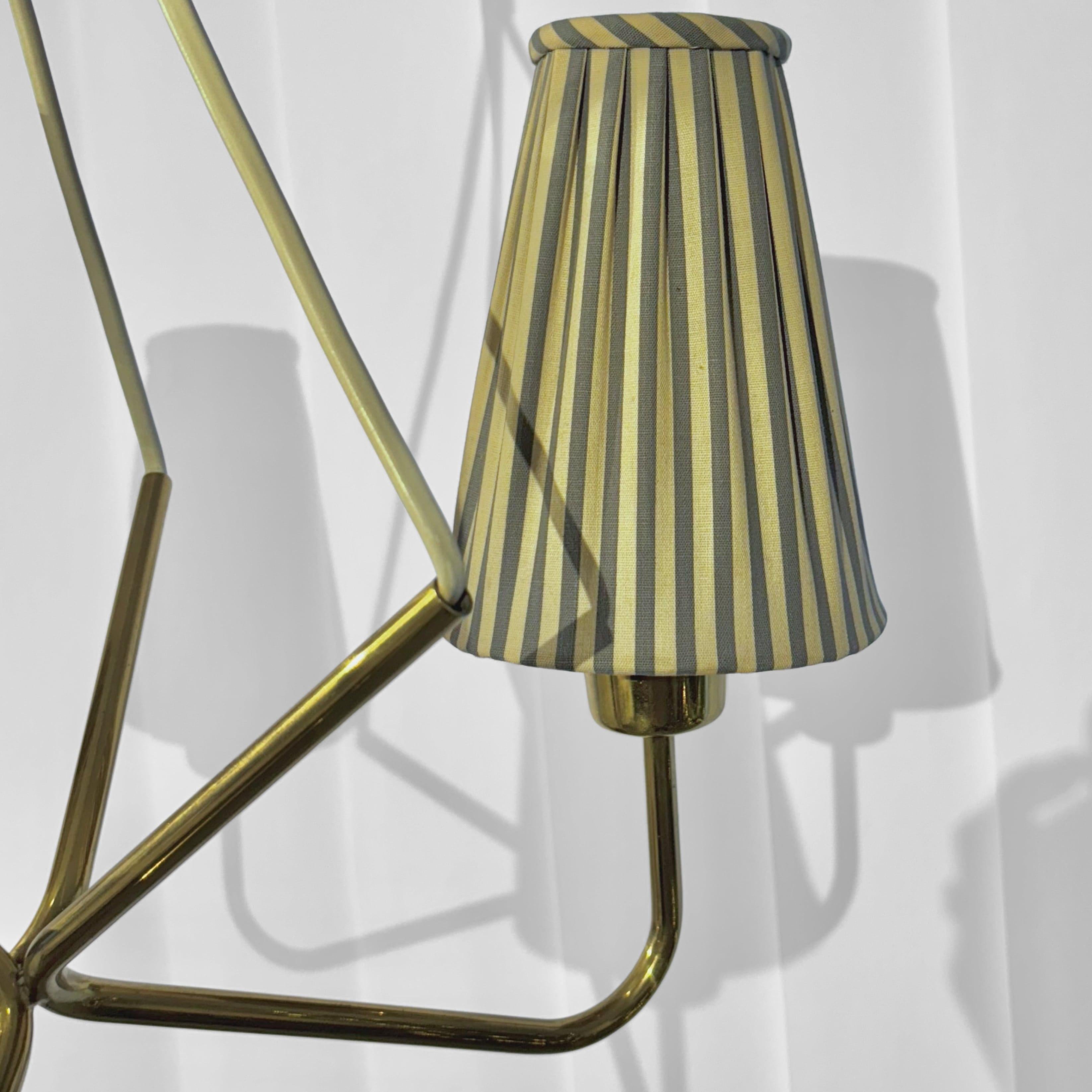 ASEA mid century chandelier pendant lamp, brass & stripy textile, Sweden, 1950s 4