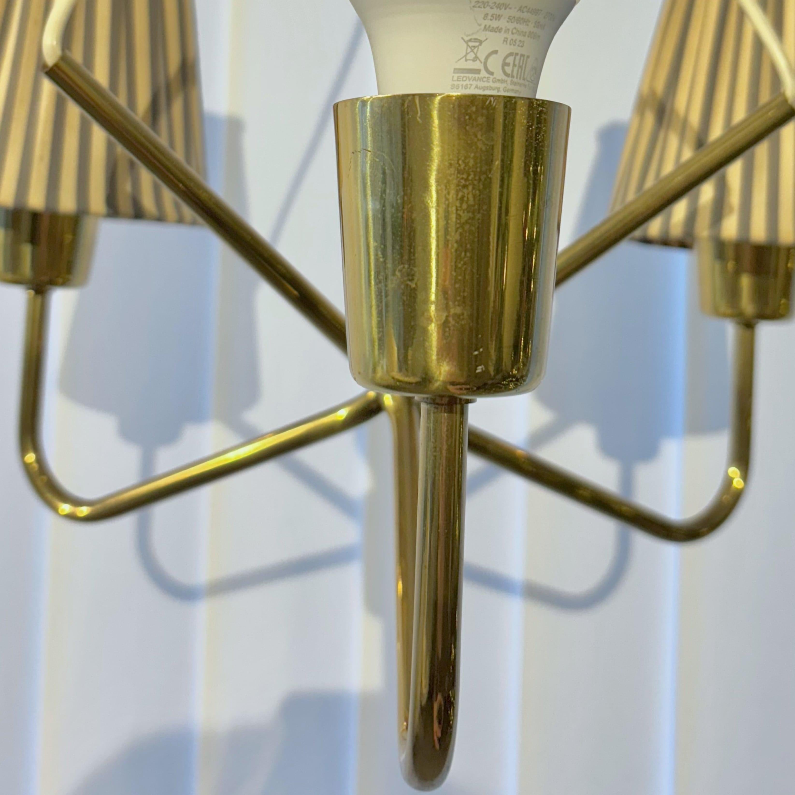 ASEA mid century chandelier pendant lamp, brass & stripy textile, Sweden, 1950s 5