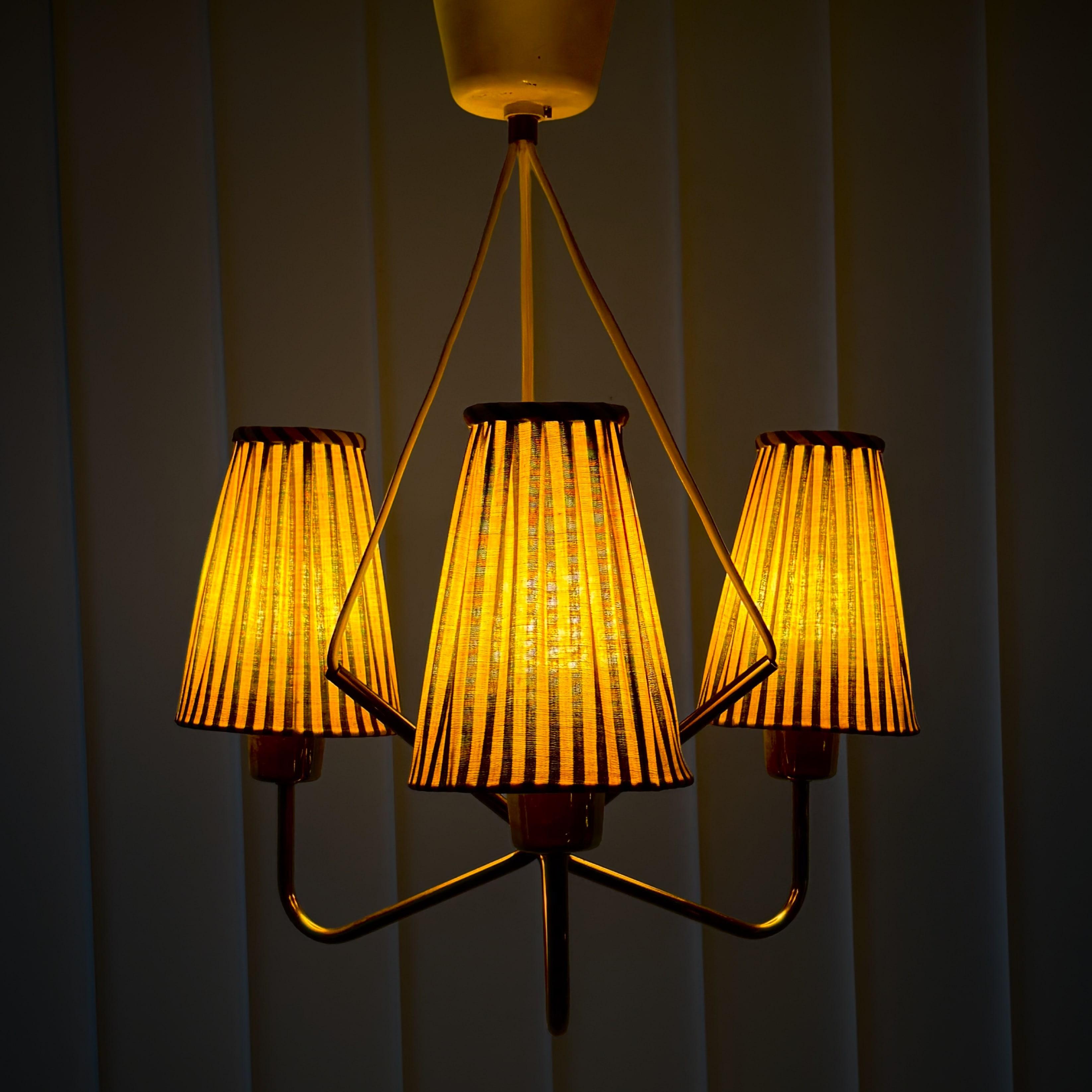 Scandinavian Modern ASEA mid century chandelier pendant lamp, brass & stripy textile, Sweden, 1950s