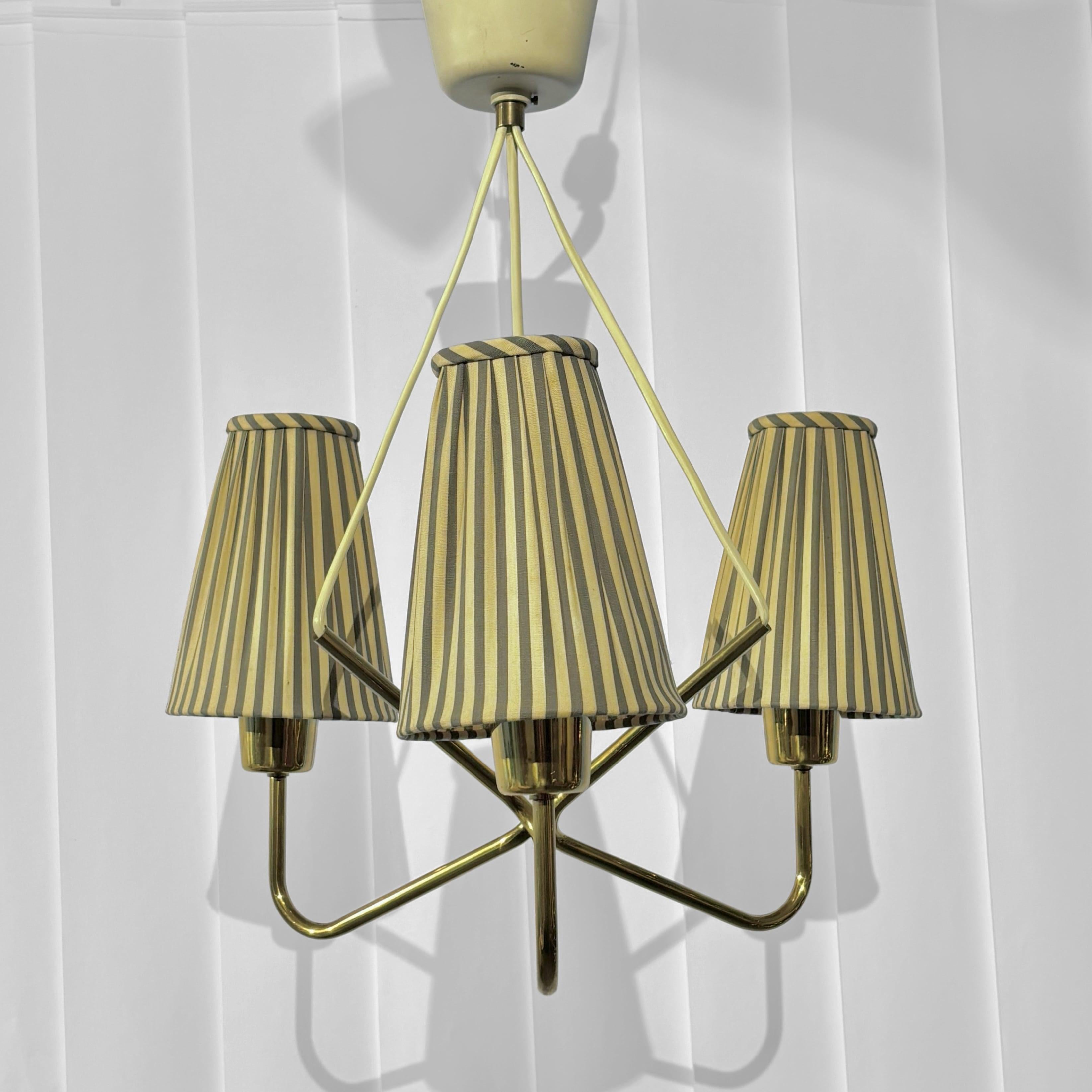 Swedish ASEA mid century chandelier pendant lamp, brass & stripy textile, Sweden, 1950s