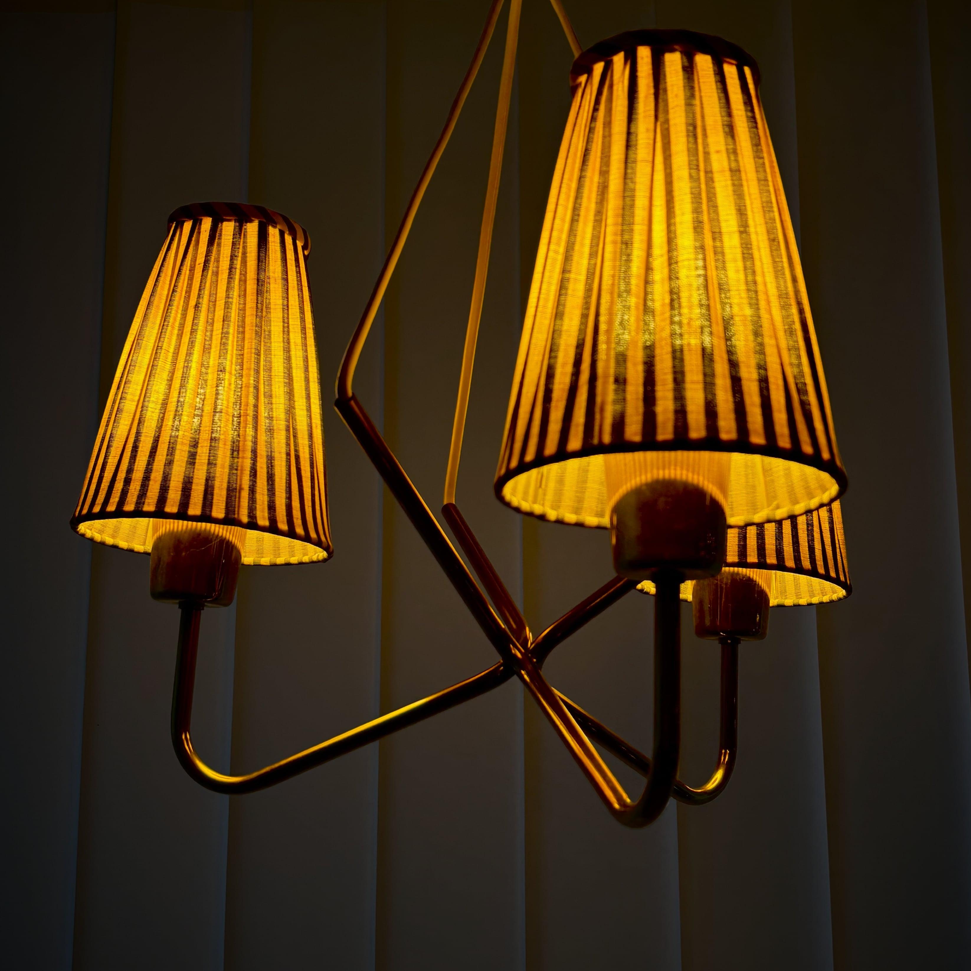 Mid-20th Century ASEA mid century chandelier pendant lamp, brass & stripy textile, Sweden, 1950s