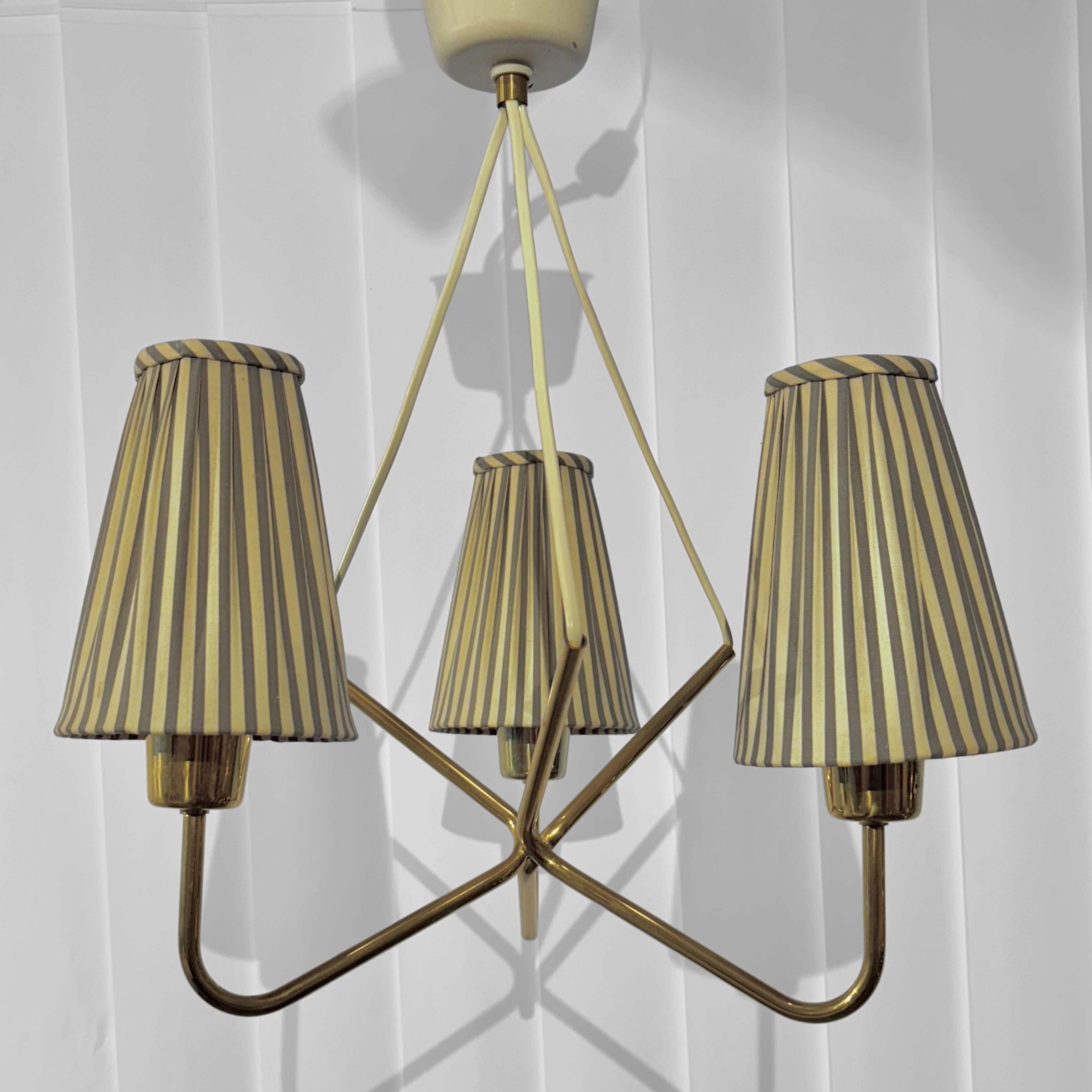 Brass ASEA mid century chandelier pendant lamp, brass & stripy textile, Sweden, 1950s