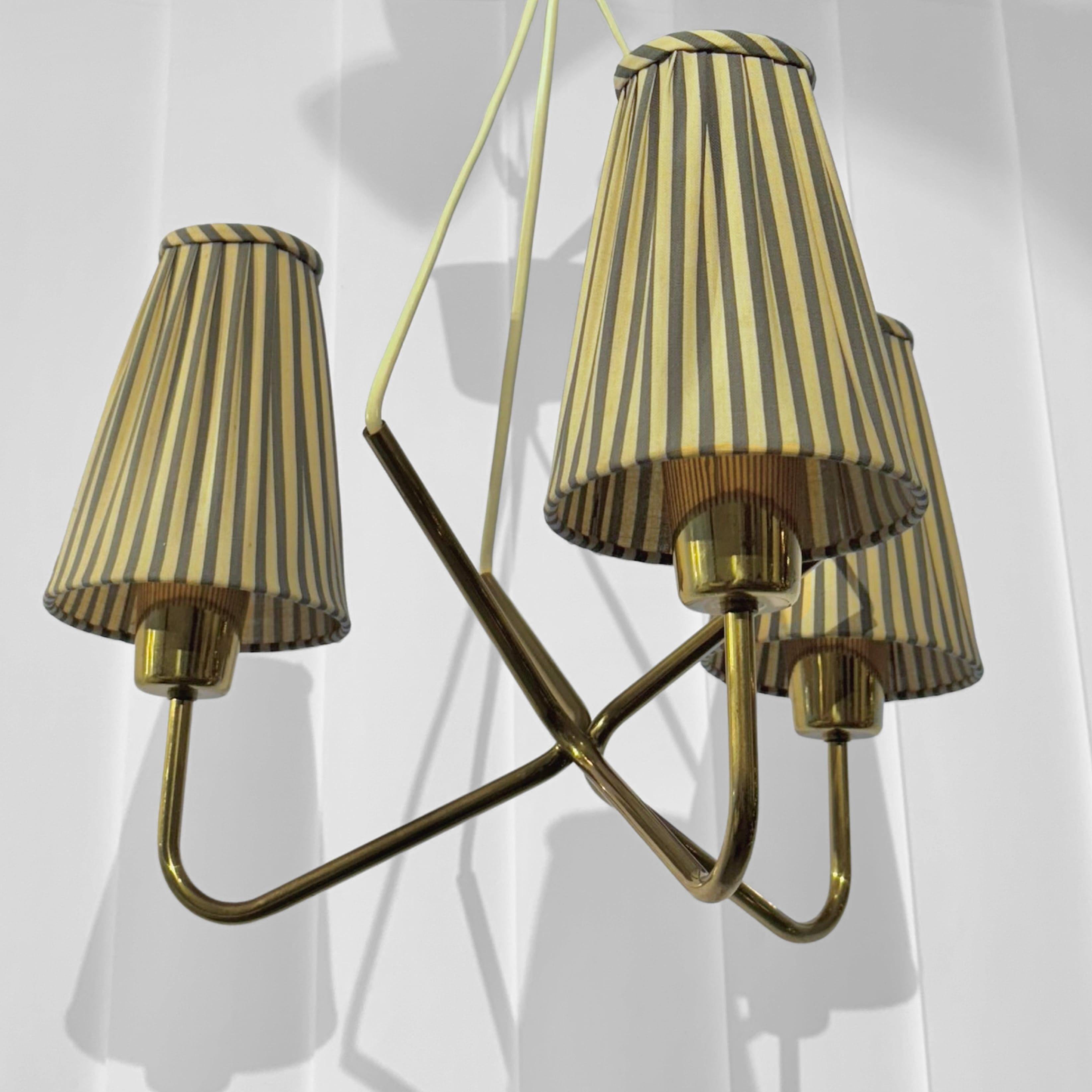 ASEA mid century chandelier pendant lamp, brass & stripy textile, Sweden, 1950s 1