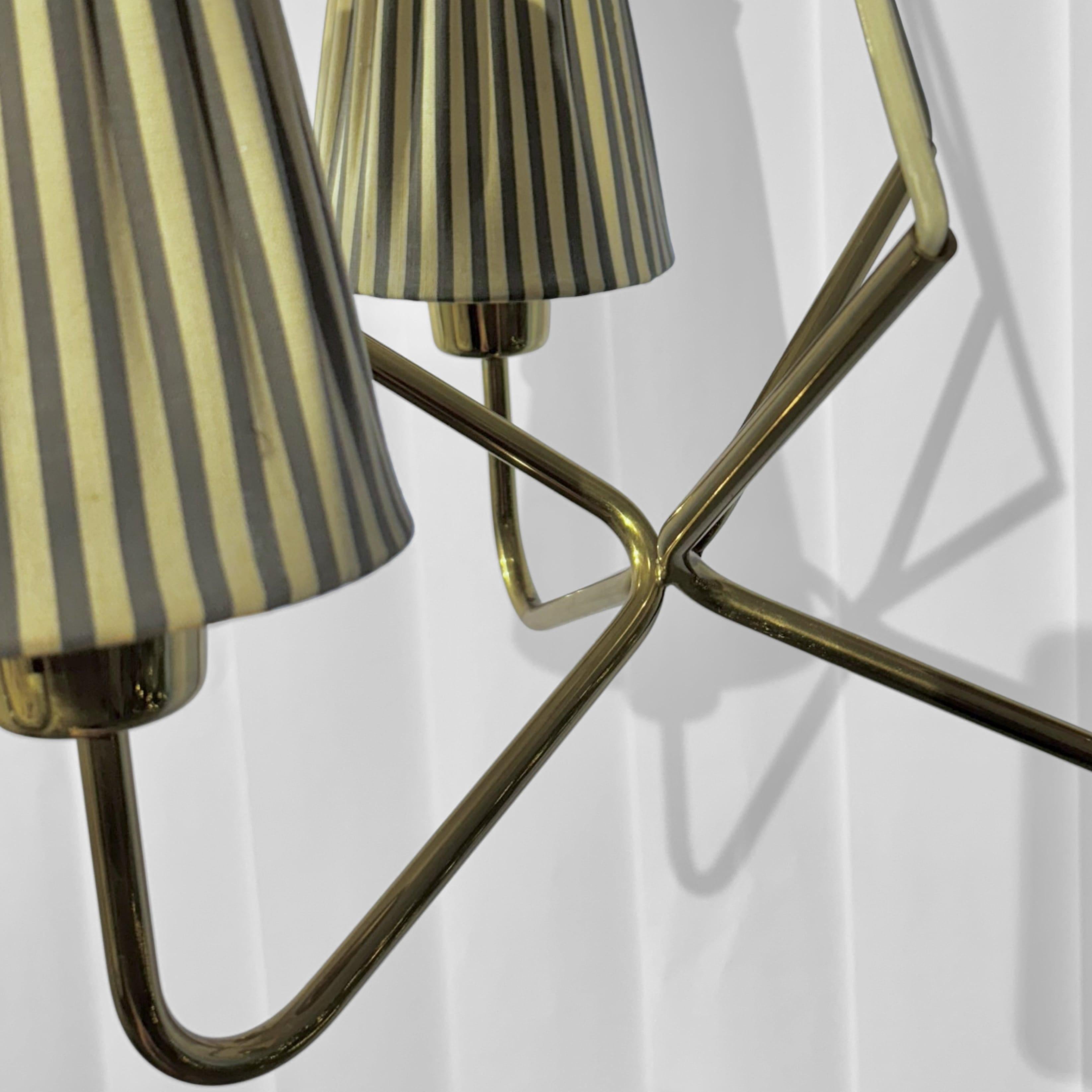 ASEA mid century chandelier pendant lamp, brass & stripy textile, Sweden, 1950s 2