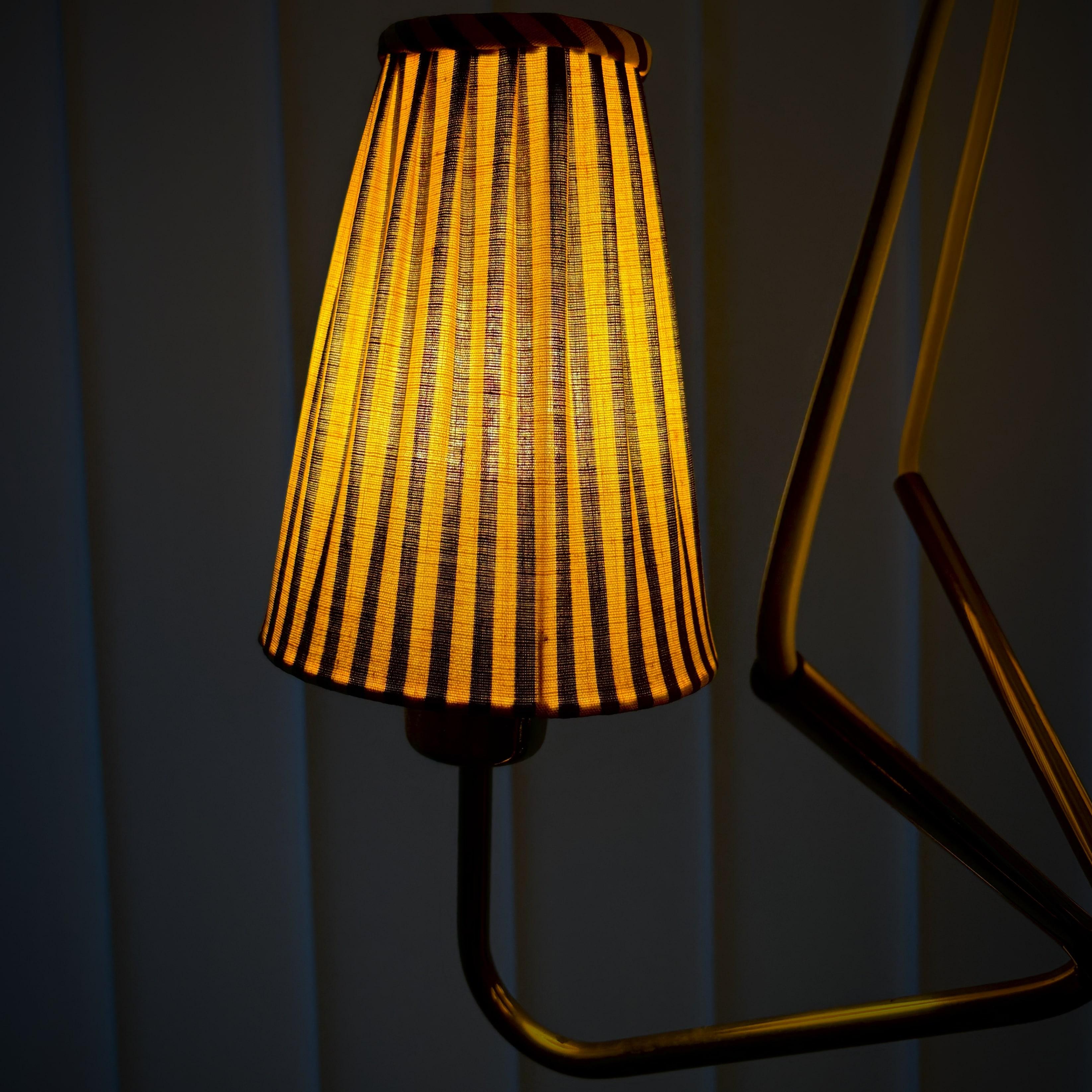 ASEA mid century chandelier pendant lamp, brass & stripy textile, Sweden, 1950s 3