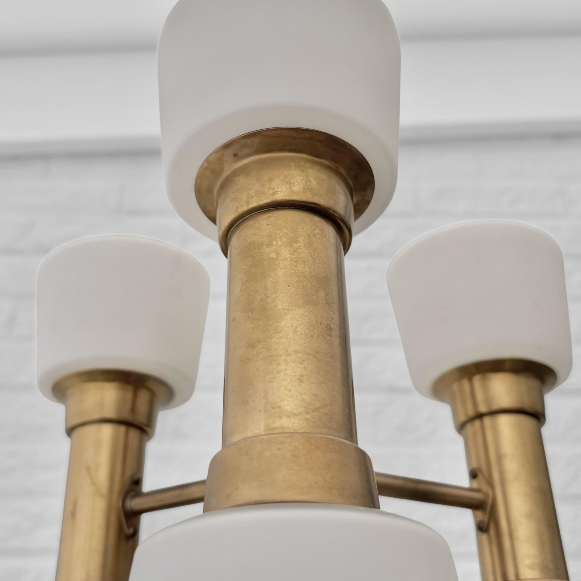 ASEA mid century chandelier pendant lamp, brass, teak & glass, Sweden, 1950s 4