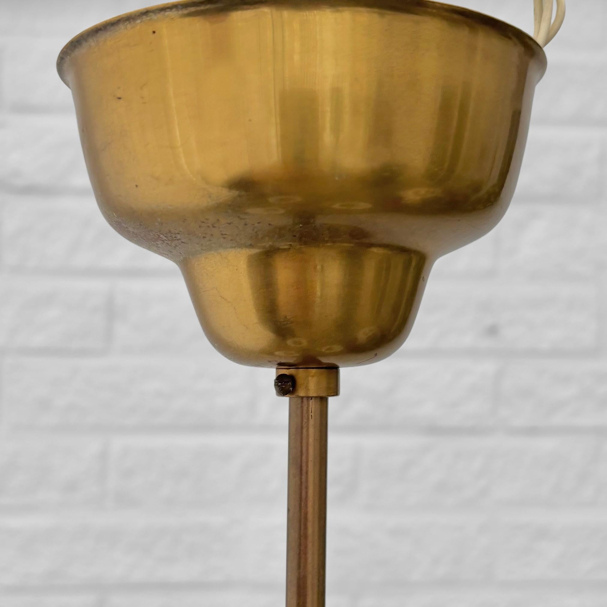 ASEA mid century chandelier pendant lamp, brass, teak & glass, Sweden, 1950s 5