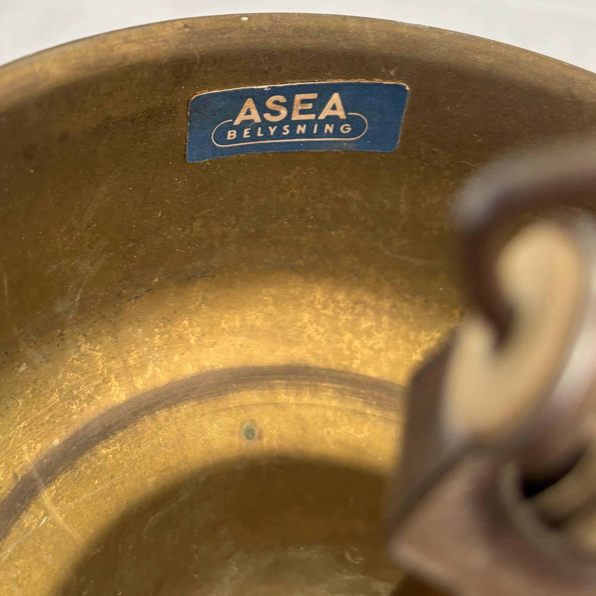 ASEA mid century chandelier pendant lamp, brass, teak & glass, Sweden, 1950s 6