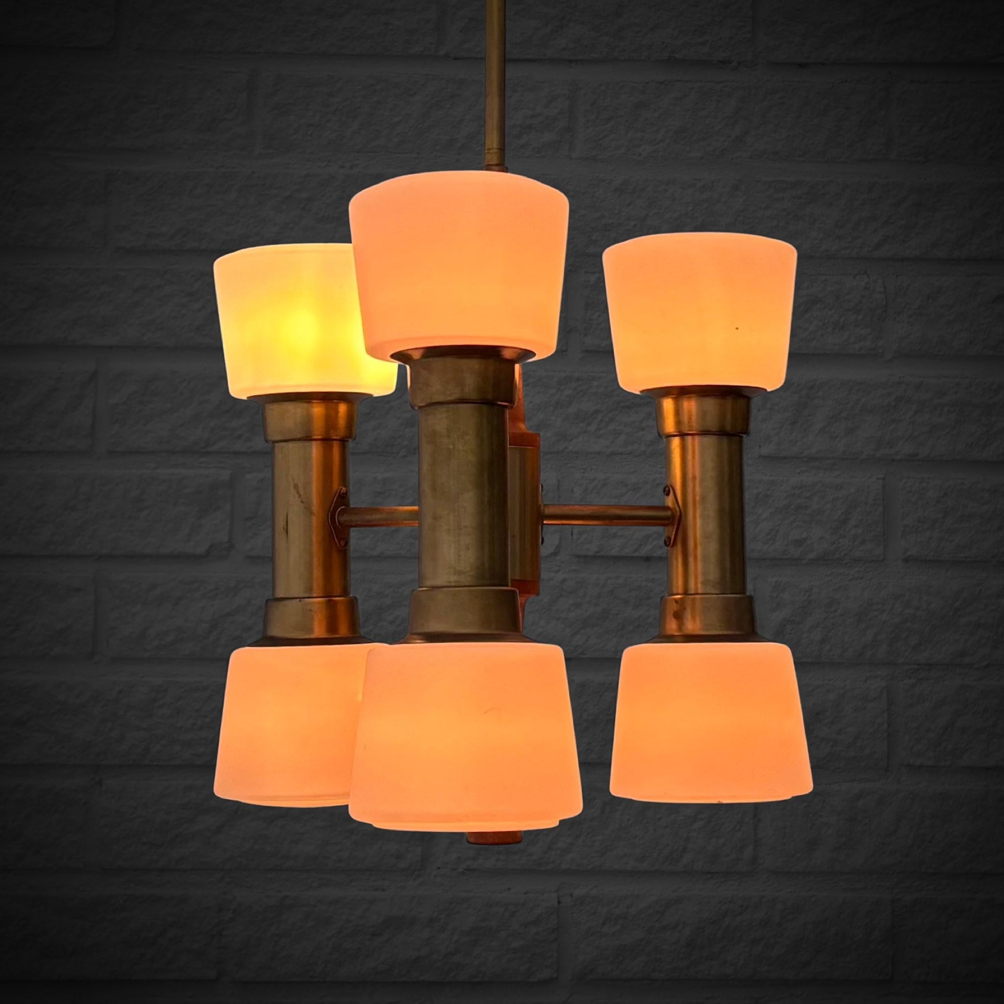 Scandinavian Modern ASEA mid century chandelier pendant lamp, brass, teak & glass, Sweden, 1950s