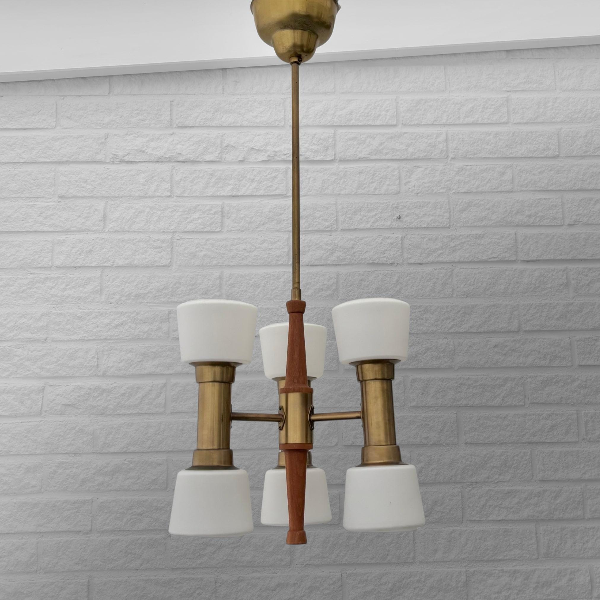 Swedish ASEA mid century chandelier pendant lamp, brass, teak & glass, Sweden, 1950s