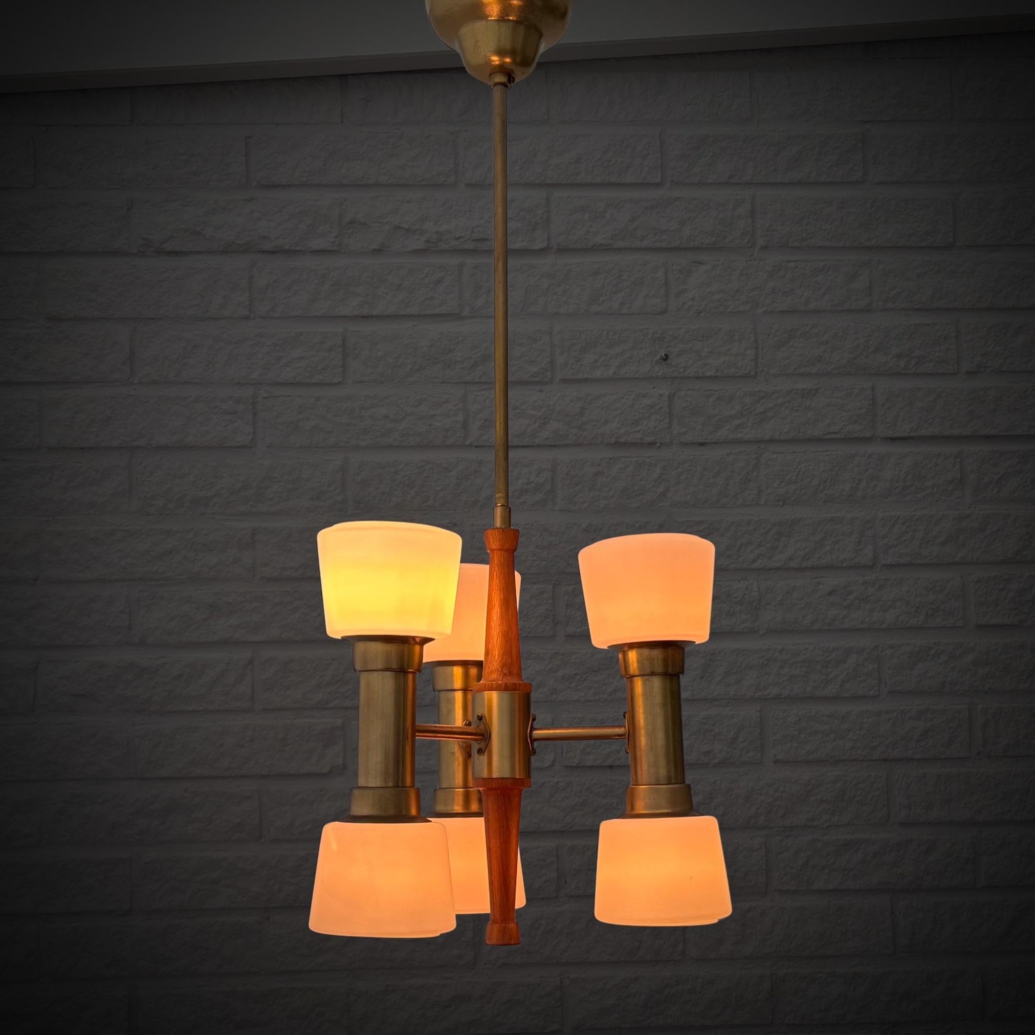 Mid-20th Century ASEA mid century chandelier pendant lamp, brass, teak & glass, Sweden, 1950s