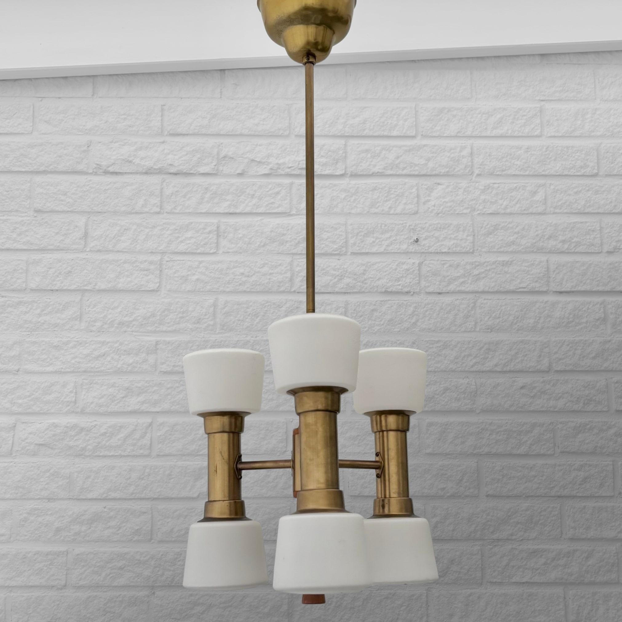 Brass ASEA mid century chandelier pendant lamp, brass, teak & glass, Sweden, 1950s