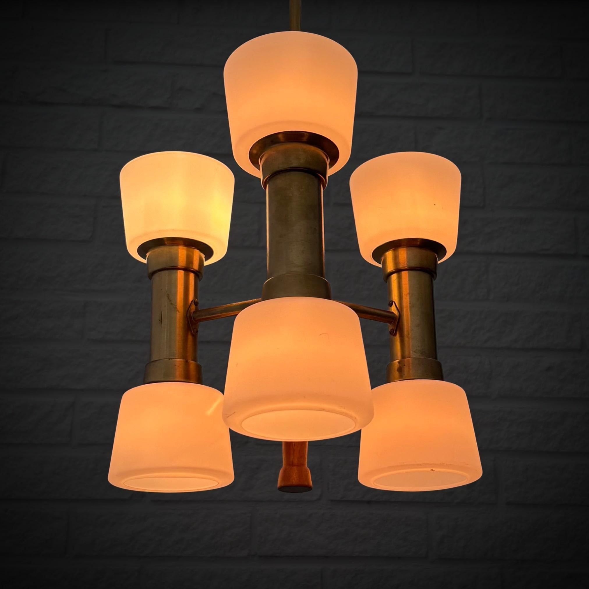 ASEA mid century chandelier pendant lamp, brass, teak & glass, Sweden, 1950s 1