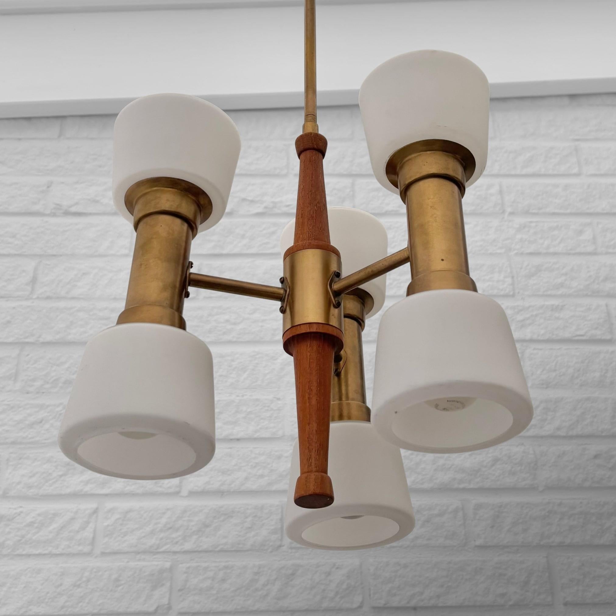 ASEA mid century chandelier pendant lamp, brass, teak & glass, Sweden, 1950s 2