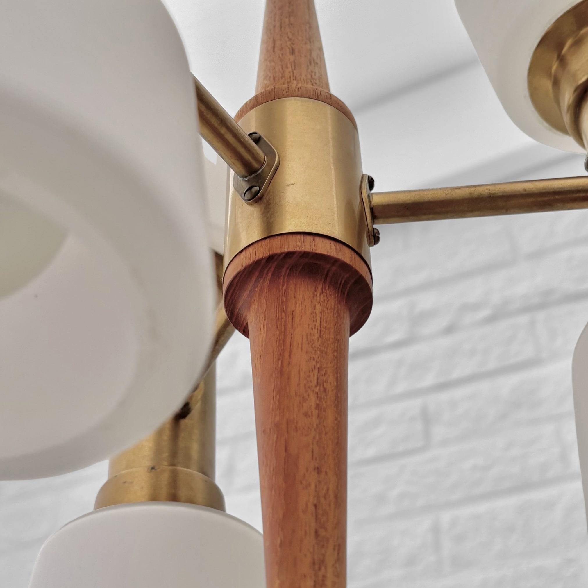 ASEA mid century chandelier pendant lamp, brass, teak & glass, Sweden, 1950s 3