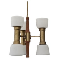 ASEA mid century chandelier pendant lamp, brass, teak & glass, Sweden, 1950s
