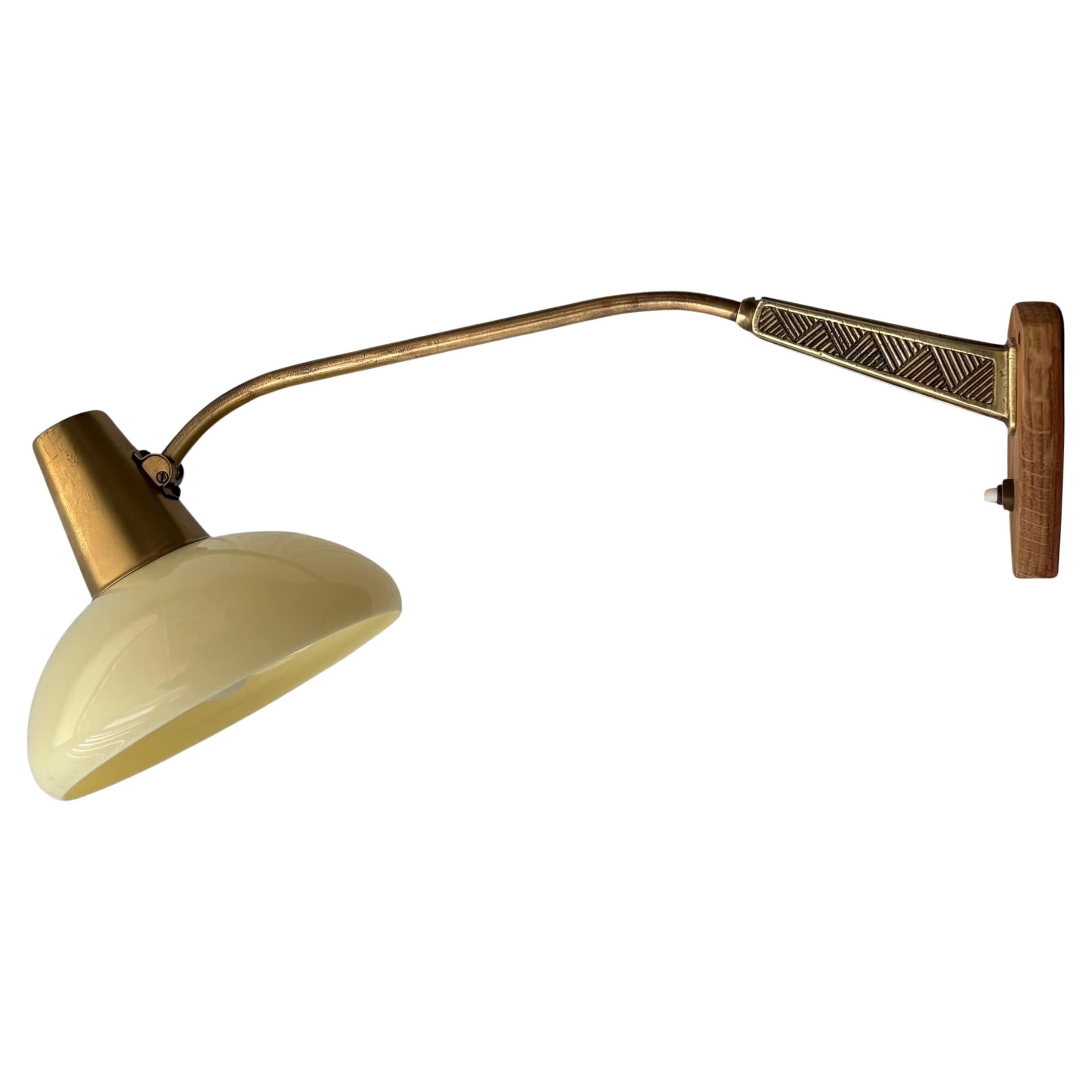 ASEA mid-century wall lamp by Bo Råman, brass oak & glass, Sweden 1950s