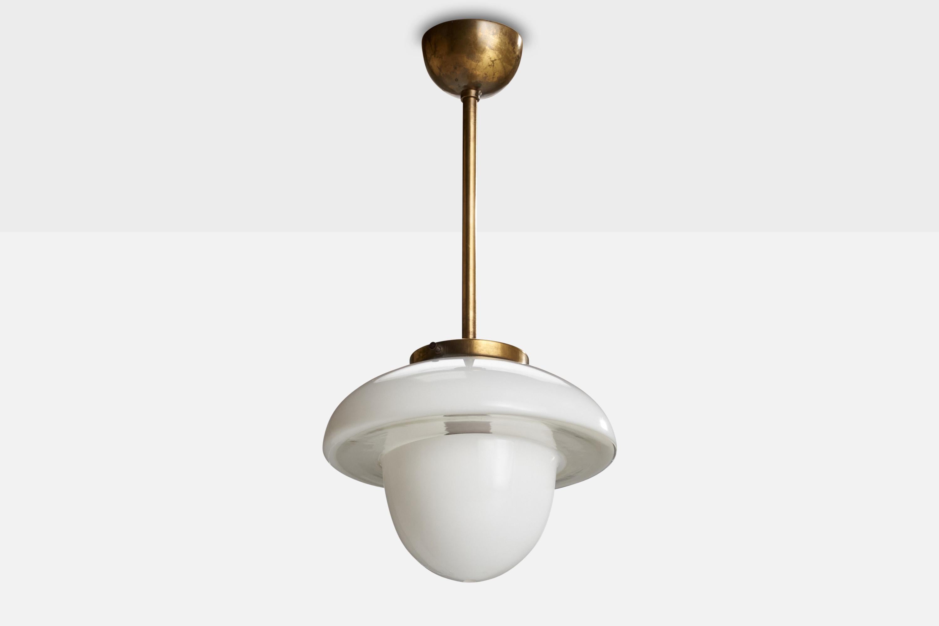 A brass and opaline glass pendant designed and produced by ASEA, Sweden, 1930s.

Dimensions of canopy (inches): 2.24” H x 3.36” Diameter
Socket takes standard E-26 bulbs. 1 socket.There is no maximum wattage stated on the fixture. All lighting will