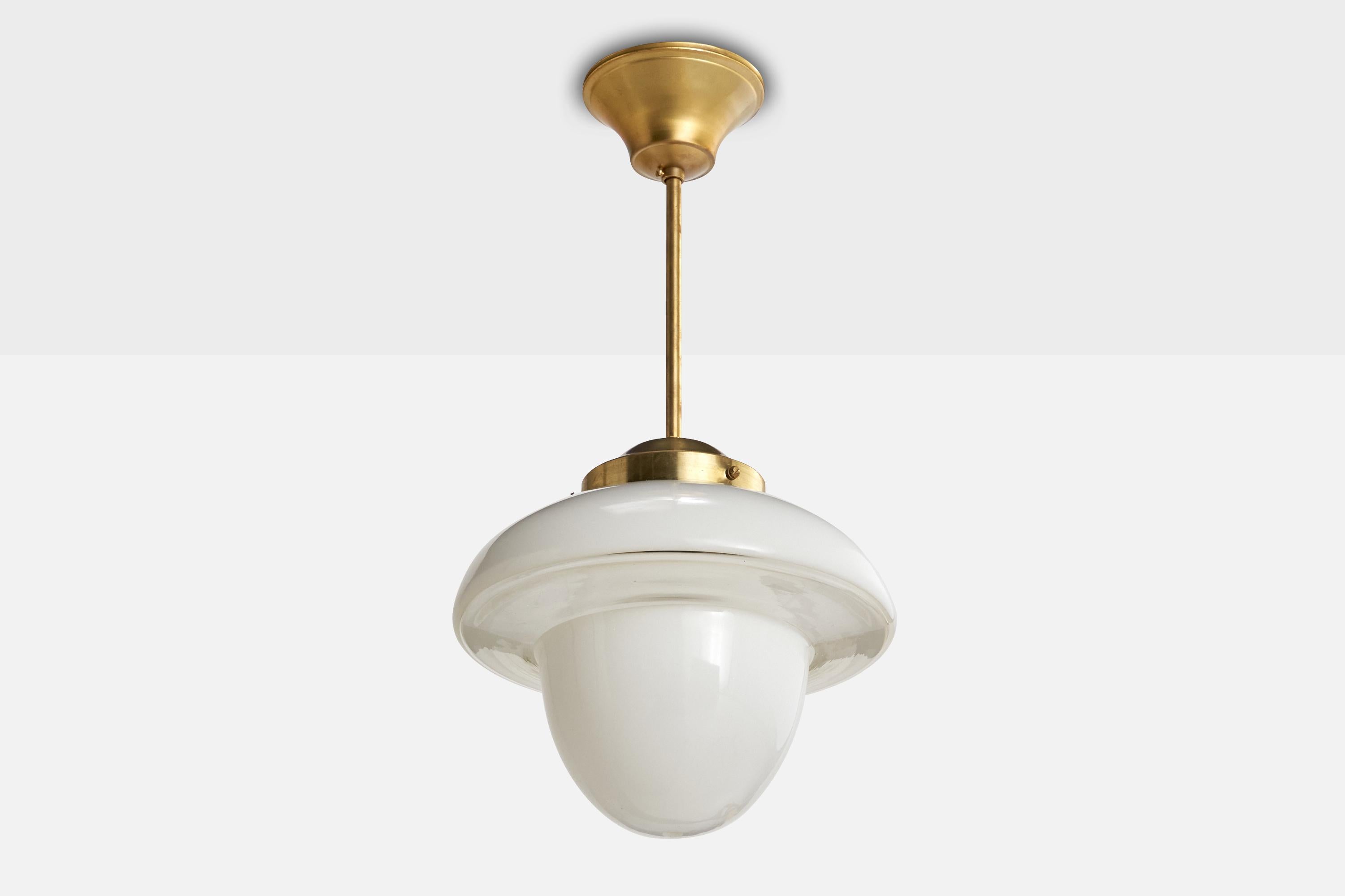 A brass and opaline glass pendant designed and produced by ASEA, Sweden, 1930s.

Overall Dimensions (inches): 19” H x 10” W x 10“ D

Dimensions of Canopy:  2.5” H x 4.375