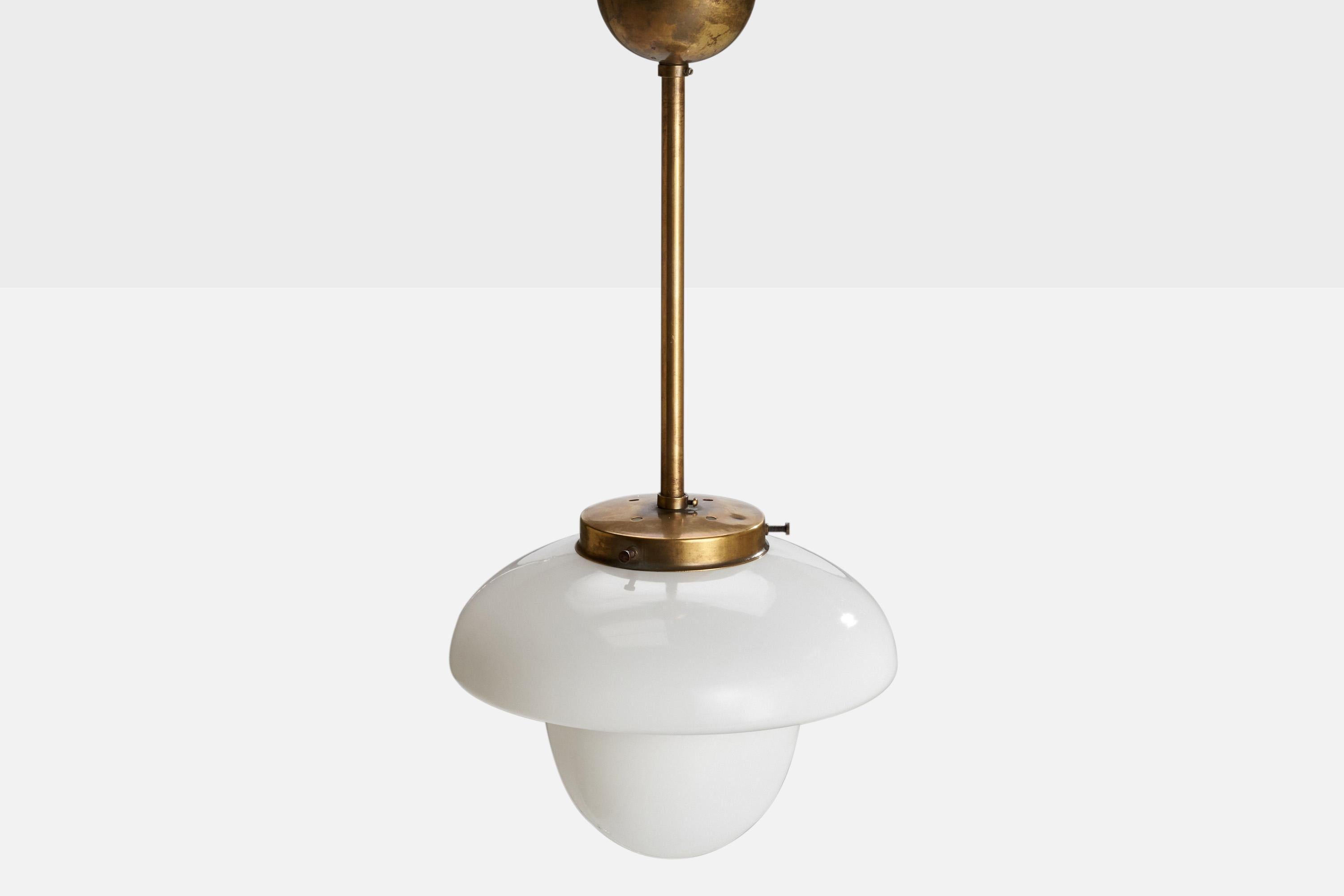 Swedish ASEA, Pendant Light, Brass, Glass, Sweden, 1930s For Sale