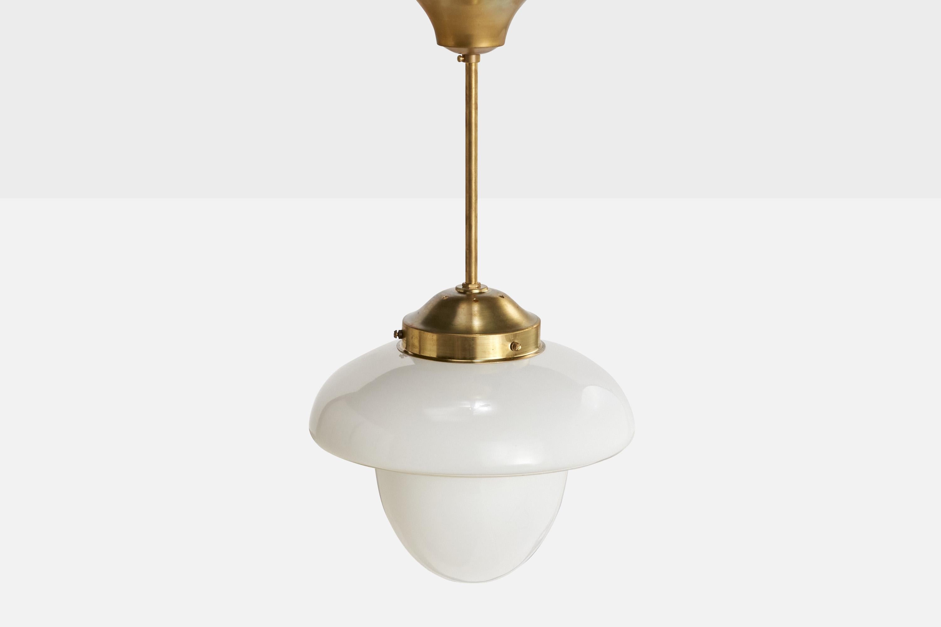 Swedish ASEA, Pendant Light, Brass, Glass, Sweden, 1930s For Sale